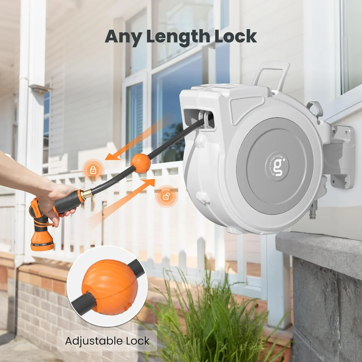 Giraffe Tools Retractable Garden Hose Reel with 1/2in-100ft Water Hose, Plastic Bracket, Wall Mounted, Dark Grey