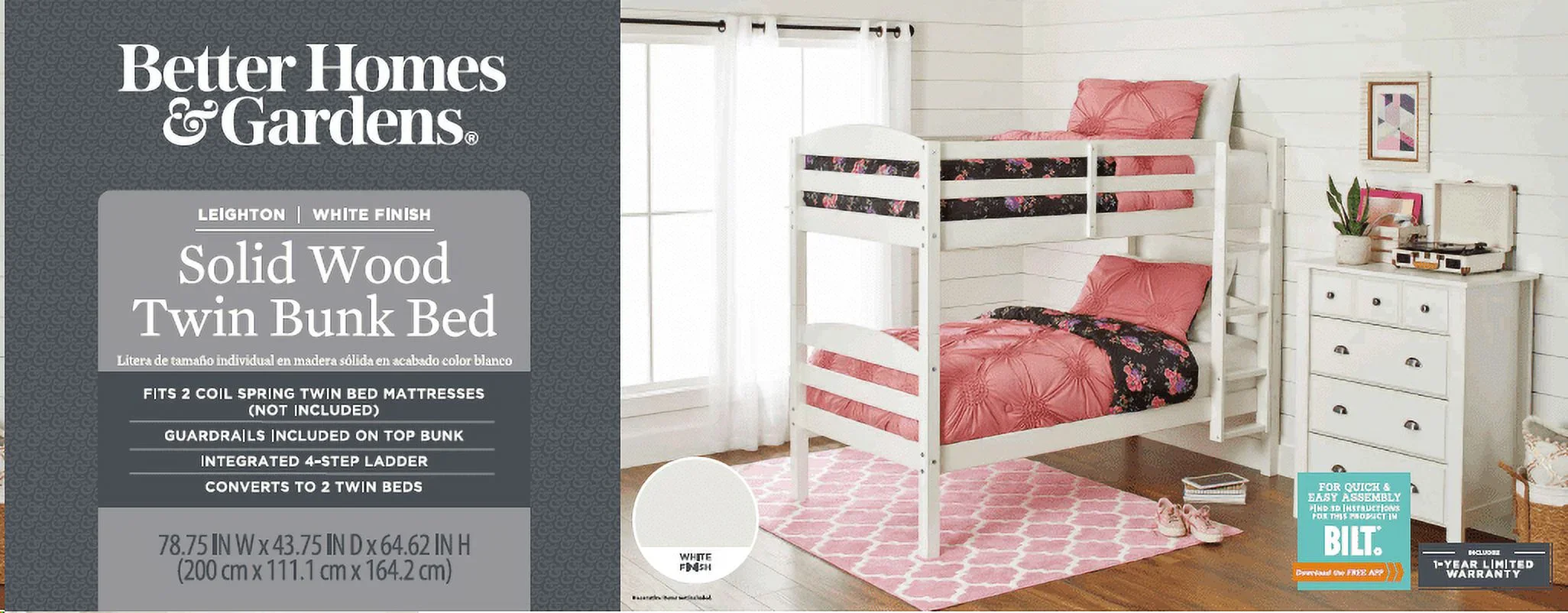 Better Homes & Gardens Leighton Solid Wood Twin-over-Twin Convertible Bunk Bed, Vanilla