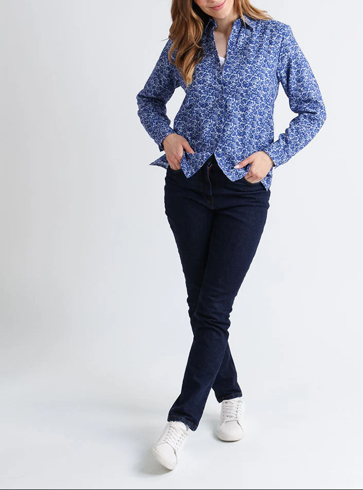 Chemisier femme coton fleurs bleues