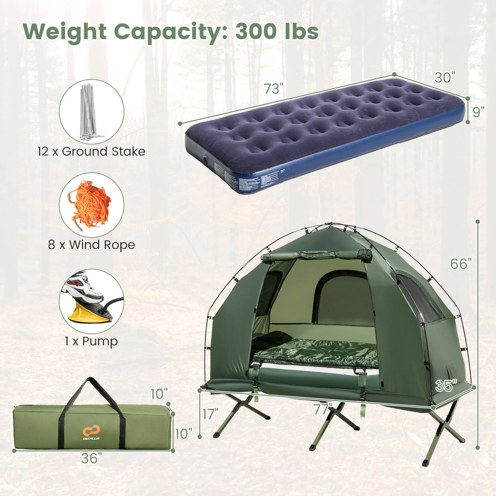 1-Person Waterproof Camping Tent Cot with Air Mattress, Pillow, Sleeping Bag - Image 3