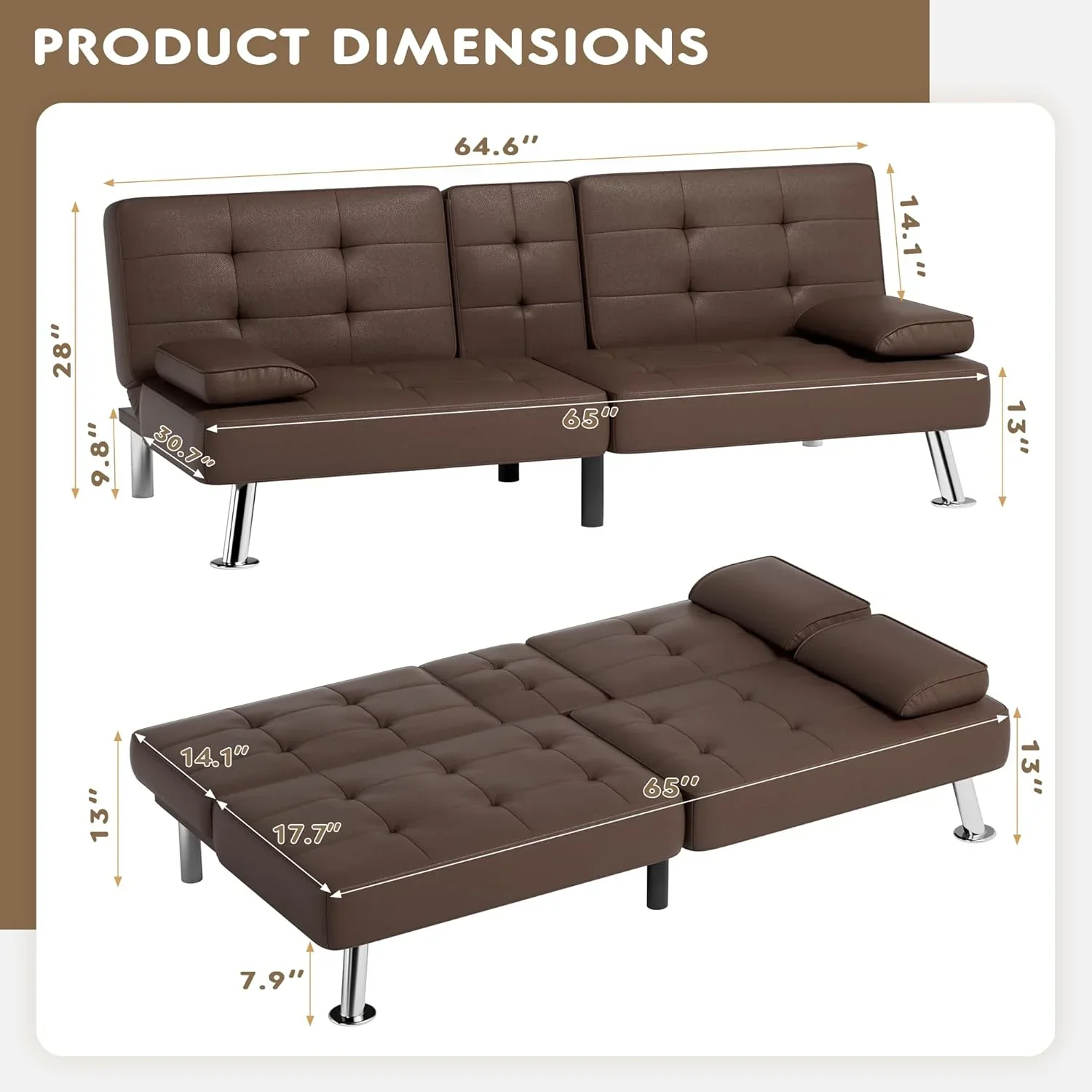 Canapé-lit futon Homall en cuir avec accoudoirs et fauteuil inclinable réglable