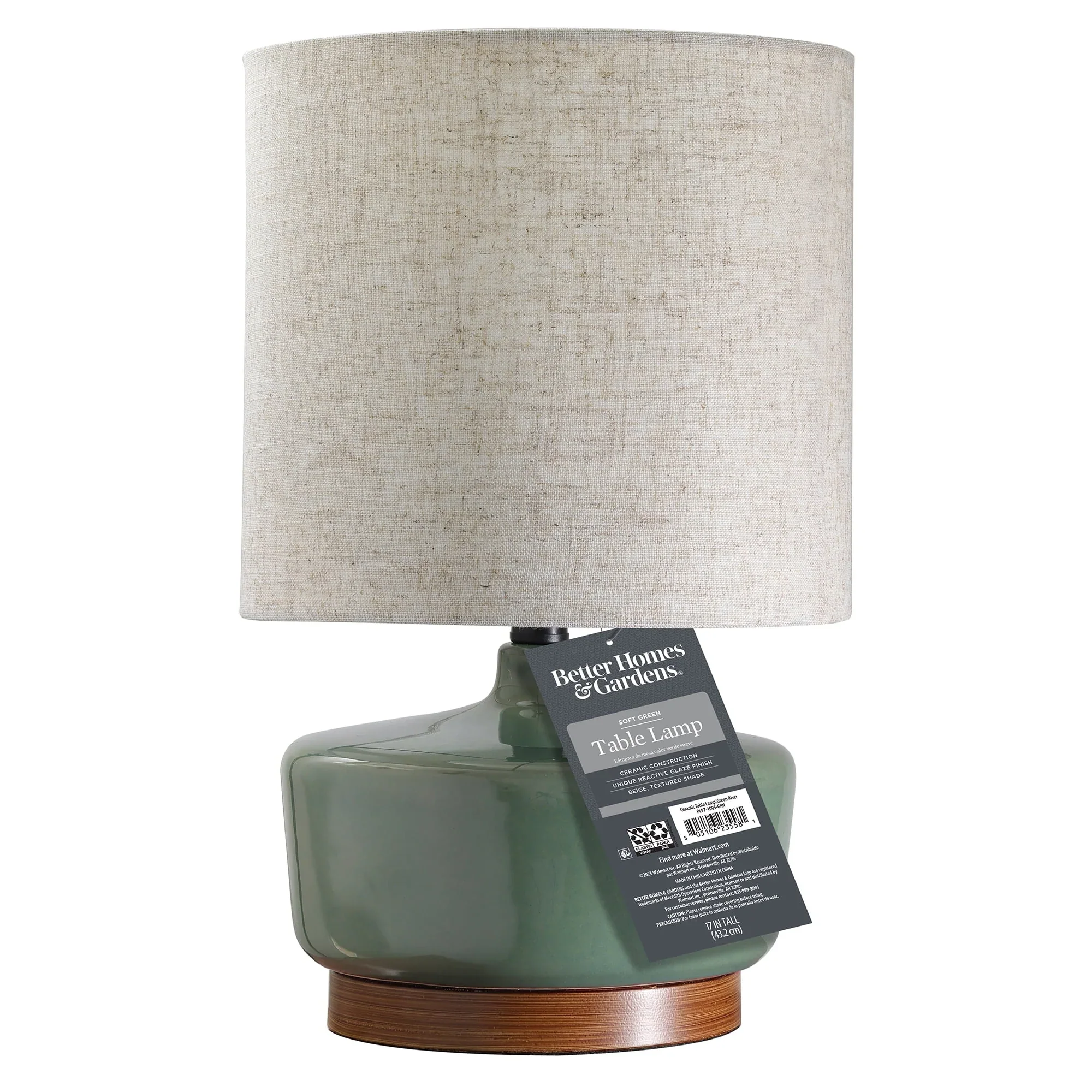 Better Homes & Gardens Modern Mid-Century Ceramic Table Lamp with Wood Base, 17H
