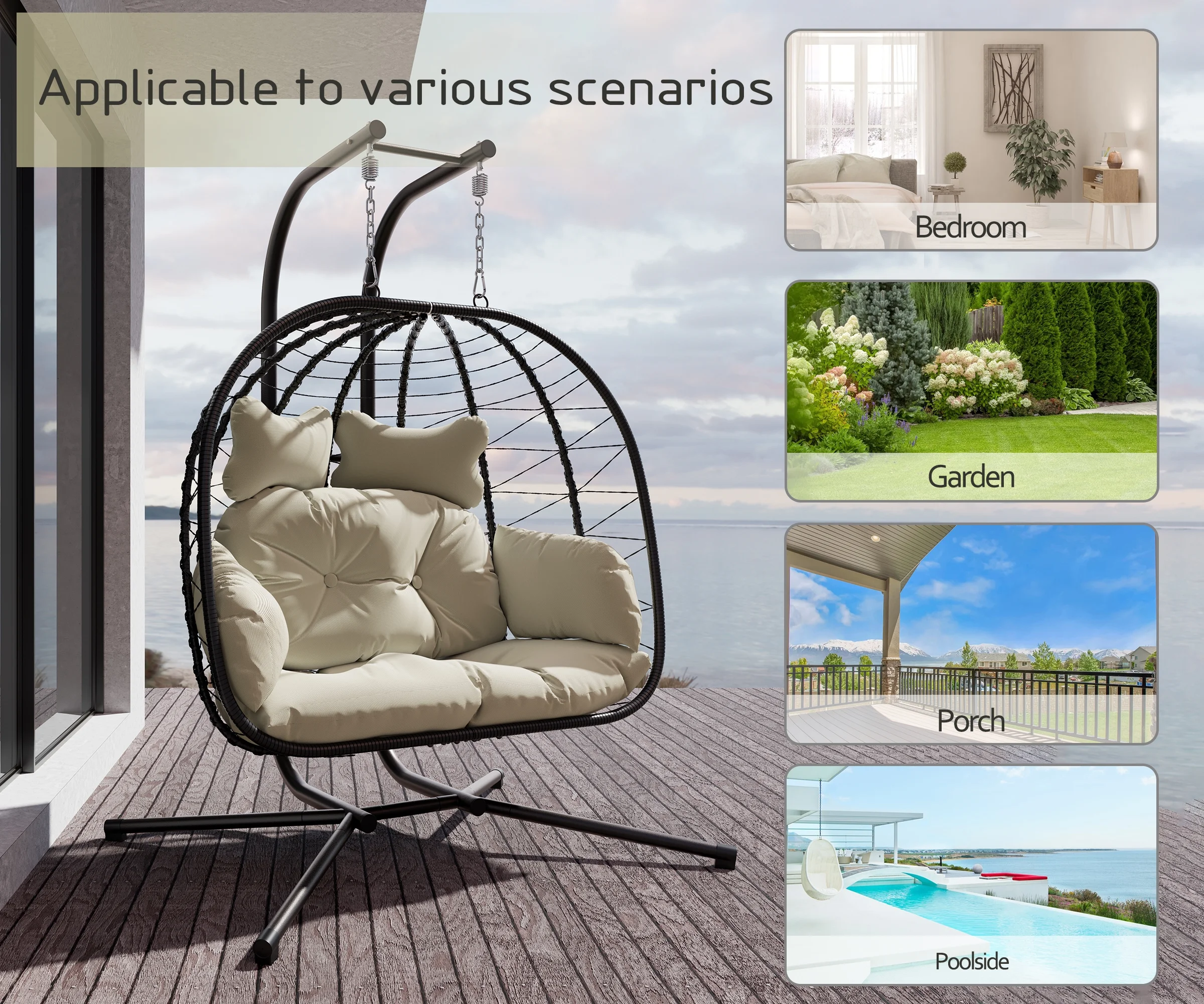 Double Wicker Swing Egg Chair Hammock Foldable Hanging Loveseat with Stand, UV Resistant Removable Cushions, 700LBS Capacity for Bedroom, Balcony (Black and Beige)(Black and Beige) - Image 8