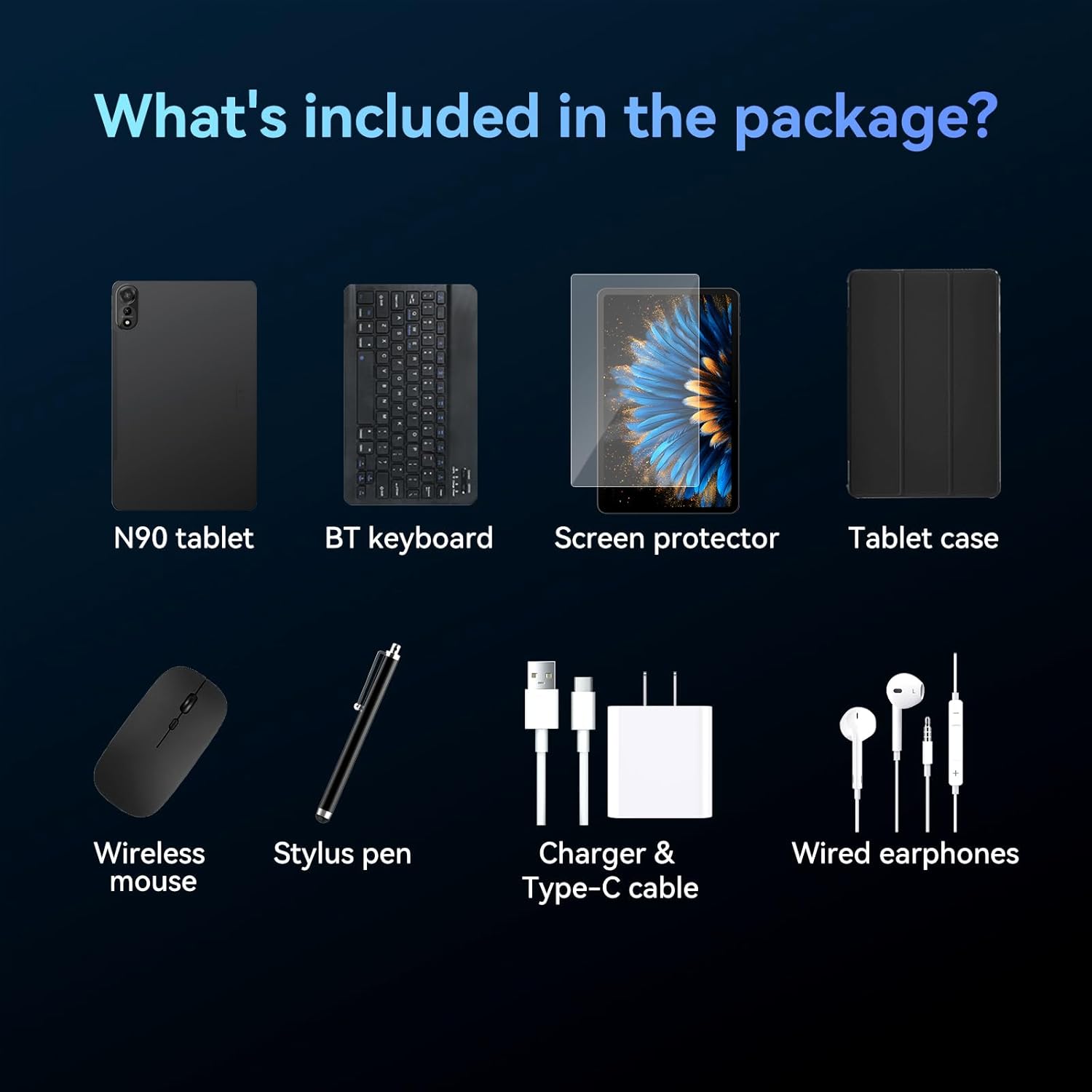 N90 Android 16 Tablet  12 inch Tablet 2K FHD+  Android Tablet with Keyboard  5G WiFi  24GB+128GB/2TB  Face ID  9000 mAh  4 Years Warranty  Widevine L1  OTG  1217-BOX  Case&Pen