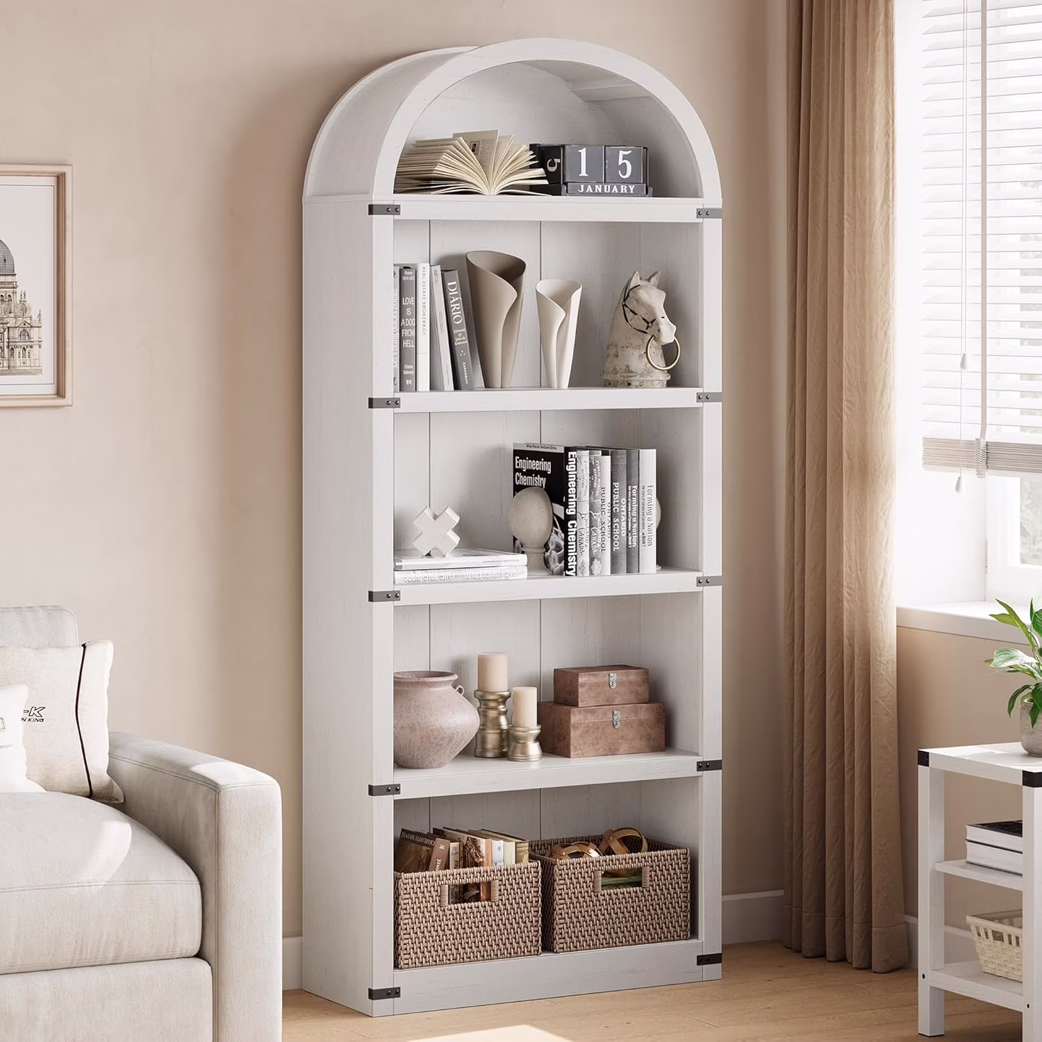Bookcase 5 Shelf Arched Bookshelf 71.65in Tall Bookcase Farmhouse Display Storage Rack Wooden Bookshelves for Home Office, Living Room(White)