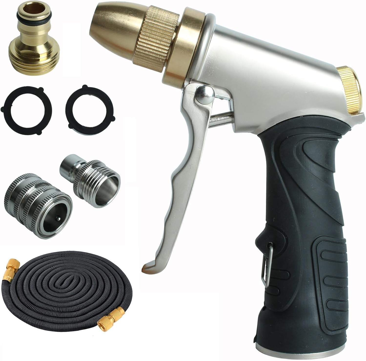 Heavy Duty Metal High Pressure Garden Hose Nozzle Set with Expandable Flexible Water Hose, Adjustable Spray Water Sprayer Gun for Car Washing, Lawn Watering, Patio Cleaning