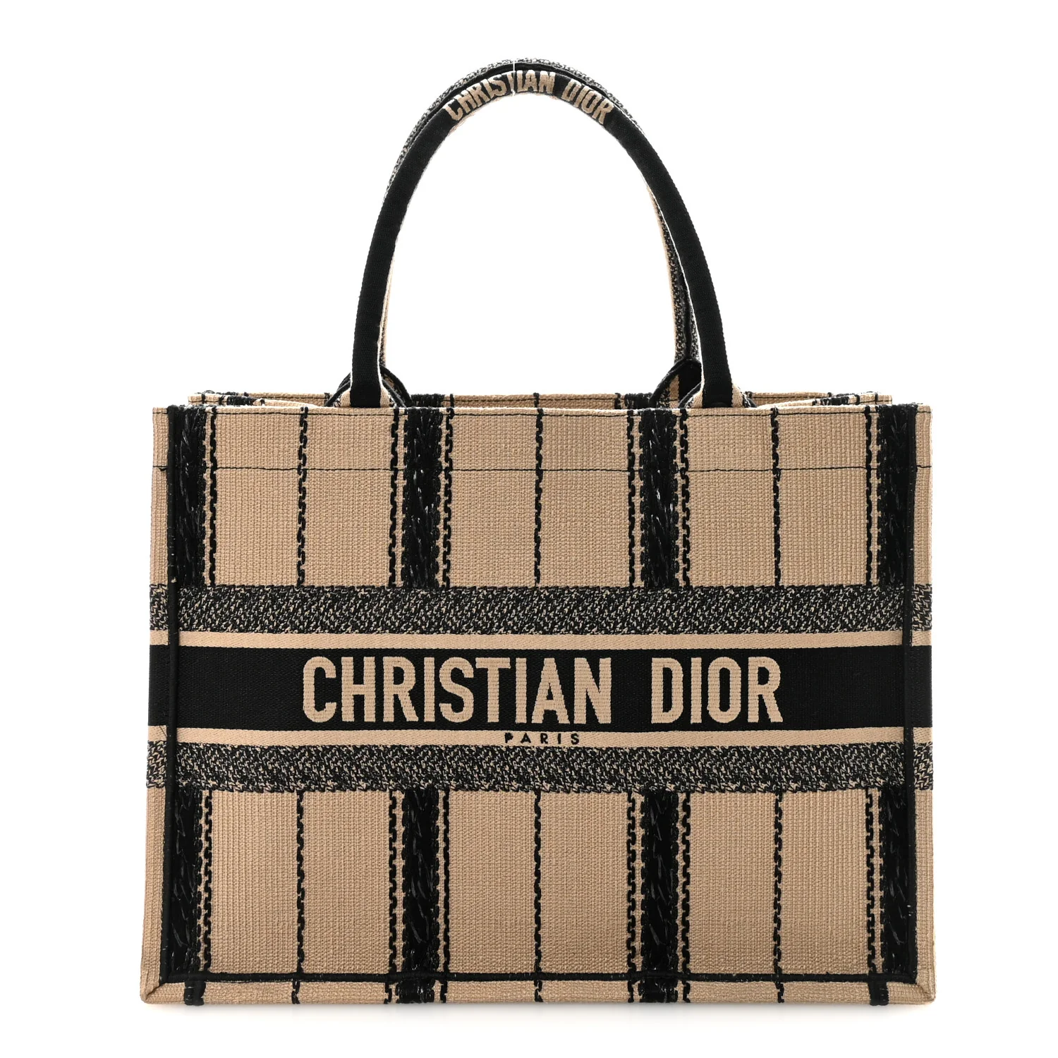Canvas Embroidered Medium Bayadere Book Tote Black Beige