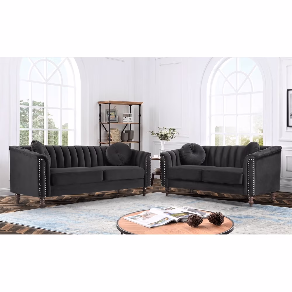 Hills Tufted Back 2Pcs Living Room Set,Black Velvet(Black)