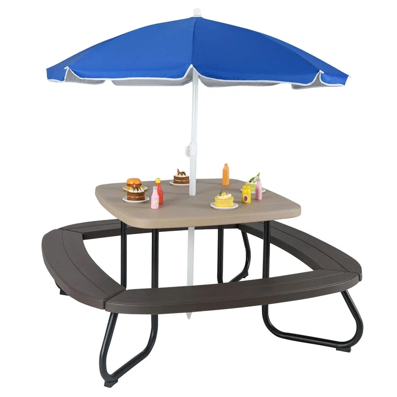 8-Person Kids Picnic Table Bench Set with Removable & Foldable Umbrella, Toddler Outdoor HDPE Activity Table and Chair Set for Backyard Patio