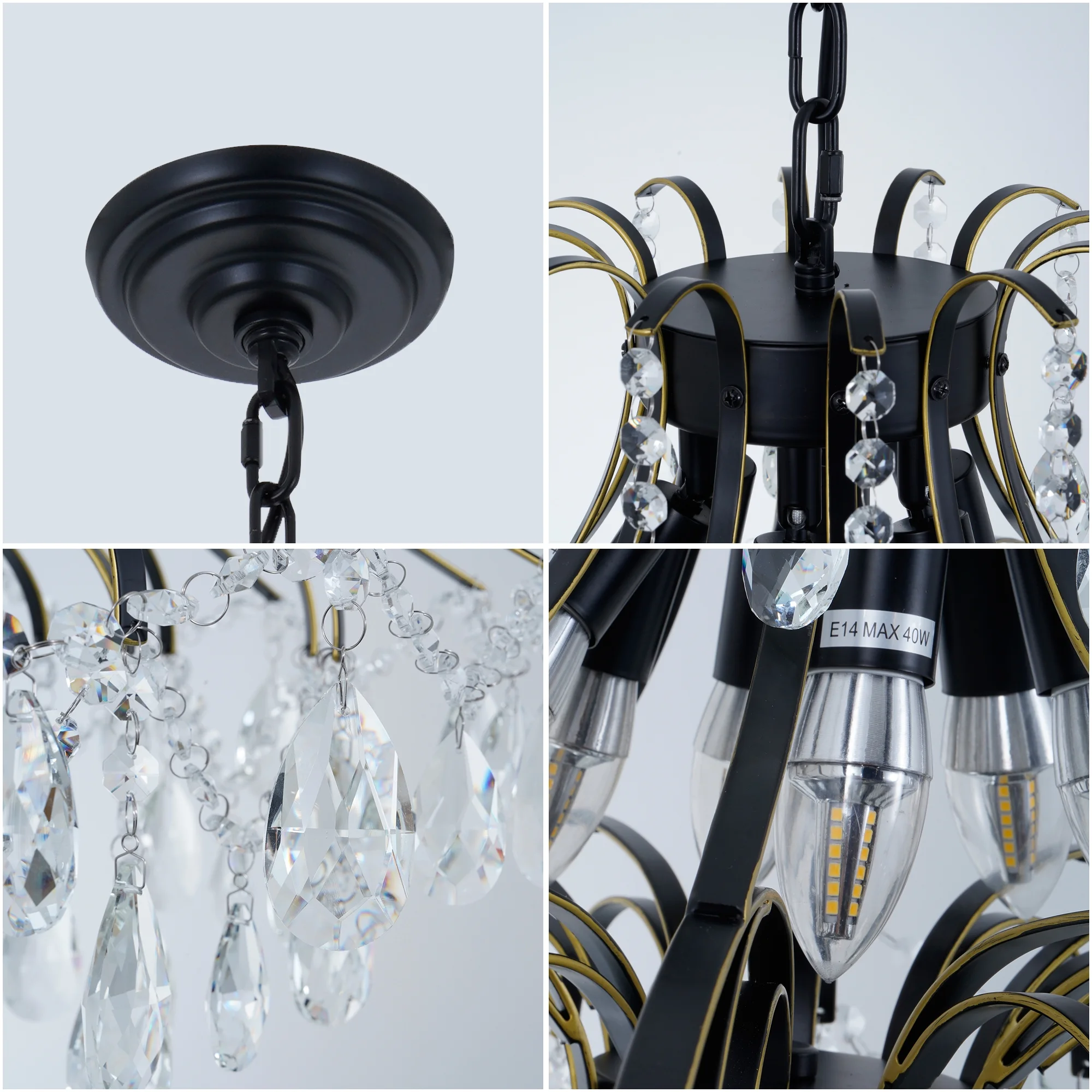 6-Light French Vintage Crystal Chandelier - Black & Gold Wrought Iron Ceiling Light with 23.6" Diameter, Adjustable 21.7" Chain & Wall Control, Dining room ceiling lighting fixtures
