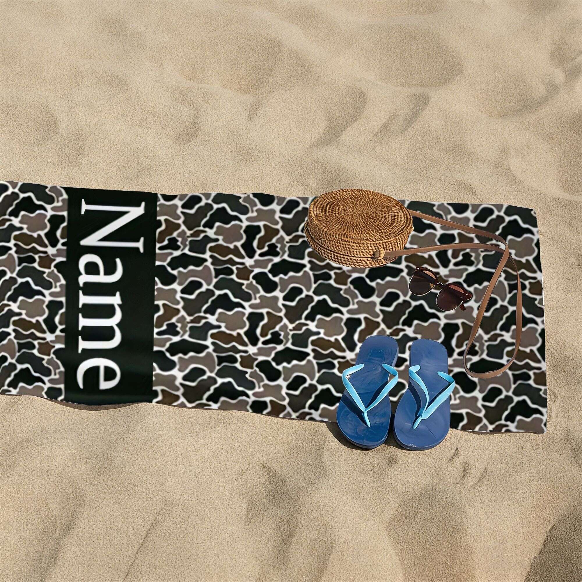 Customized personalized beach towel blanket, large rectangular custom name vertical banner, sand-proof and quick-drying beach blanket, ideal for sunny beach days, turquoise ocean and fluffy cloud beach mat, suitable for pool, vacation, camping - wanlinfang