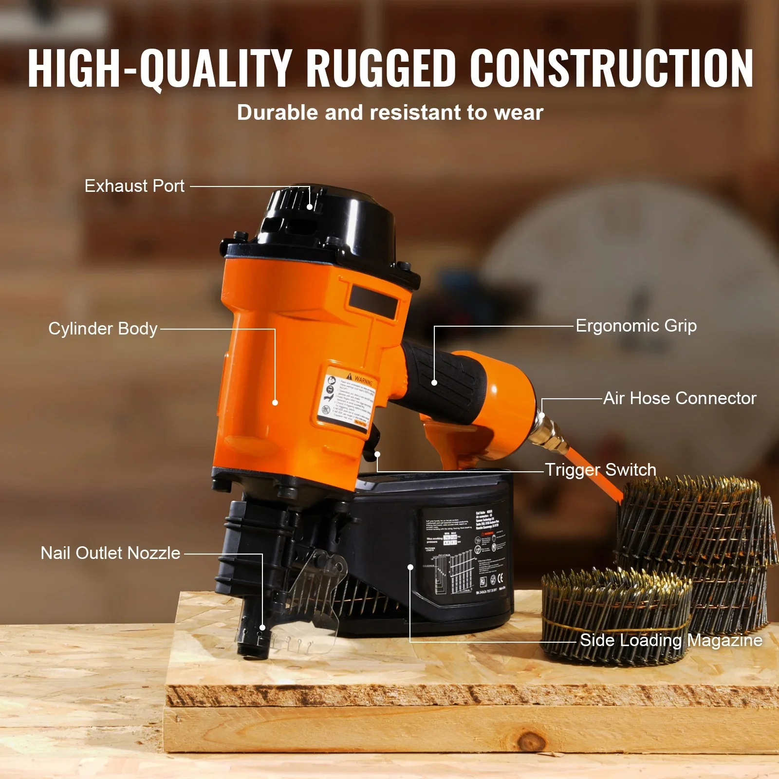 KFFKFF Pneumatic Coil Siding Nailer MCN70, Compatible with 1-3/4 to 2-3/4 Nails, 15 Degree Angle, 70-120PSI, Ideal for Pallets, Crates, Frames, Siding & Fences