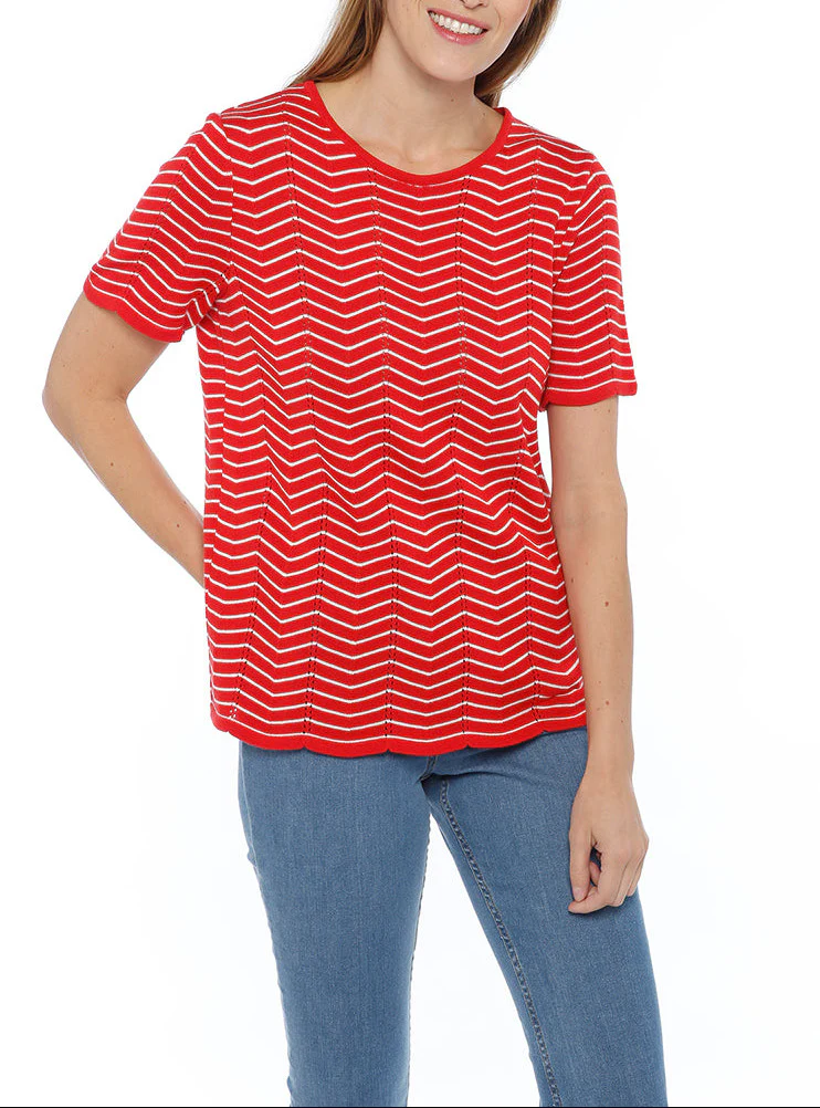 Pull femme coton manches courtes rouge/crème