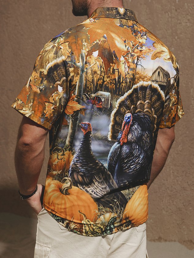 Chemise hawaïenne décontractée à manches courtes pour homme, imprimée dinde de Thanksgiving, avec poche poitrine