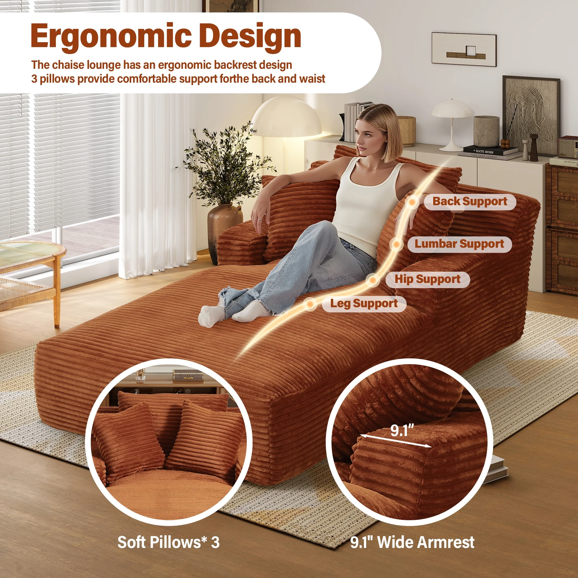78 7" Extra Long Chaise Lounge Sofa, Oversized Upholstered Couch with 3 Pillows for Indoor Living Room/Bedroom,Orange(Orange) Image 10