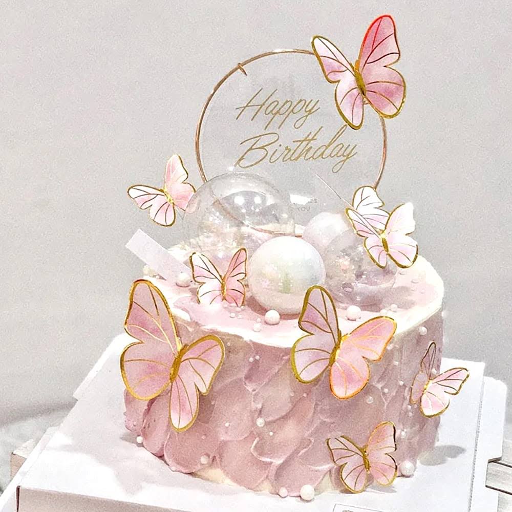 Pink Butterfly Cake Toppers, 11pcs Butterfly Cupcake Toppers Happy Birthday Metal Gold Cake Topper for Girls Women