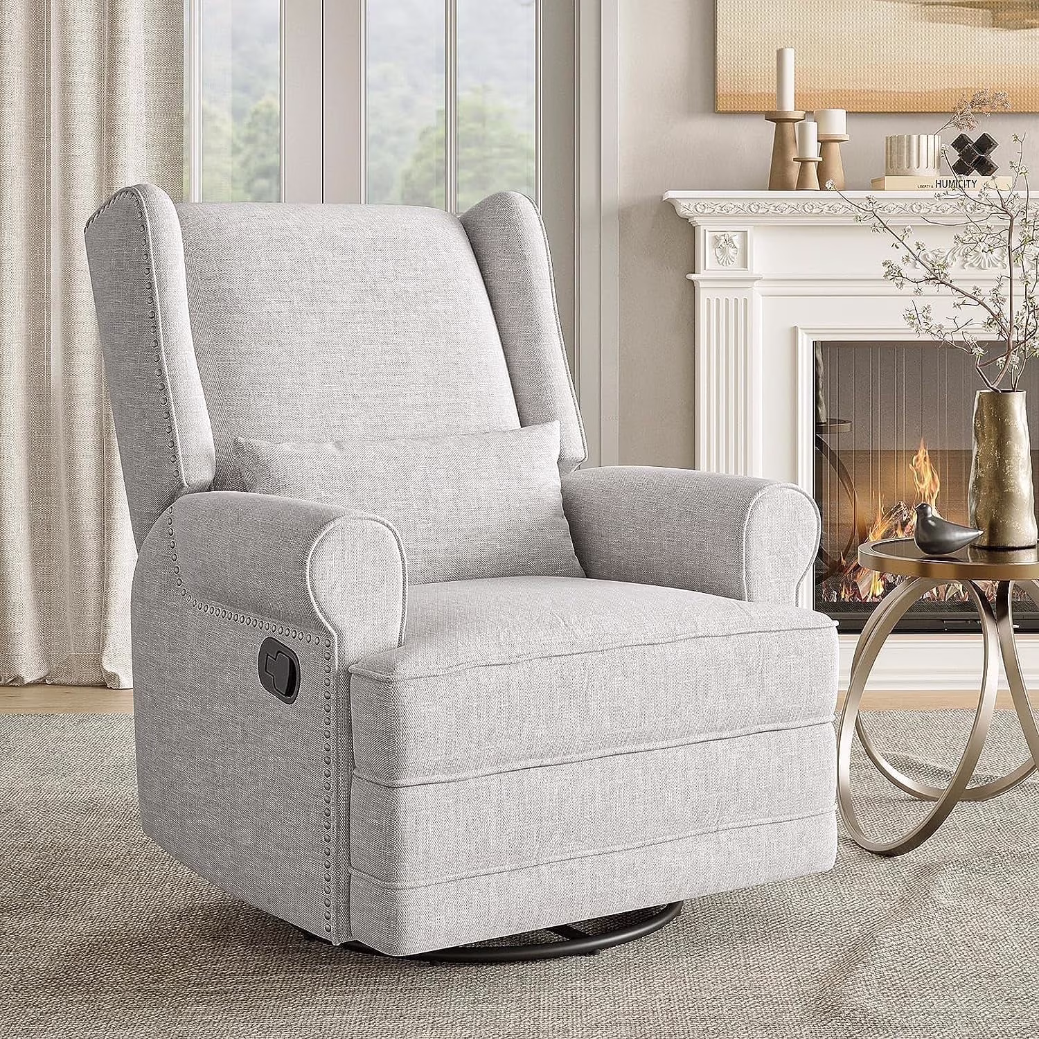 Swivel Nursery Glider Recliner, Comfy Upholstered Glider Chair with Lumbar Pillow and Footrest, Beige(Beige) - Image 9