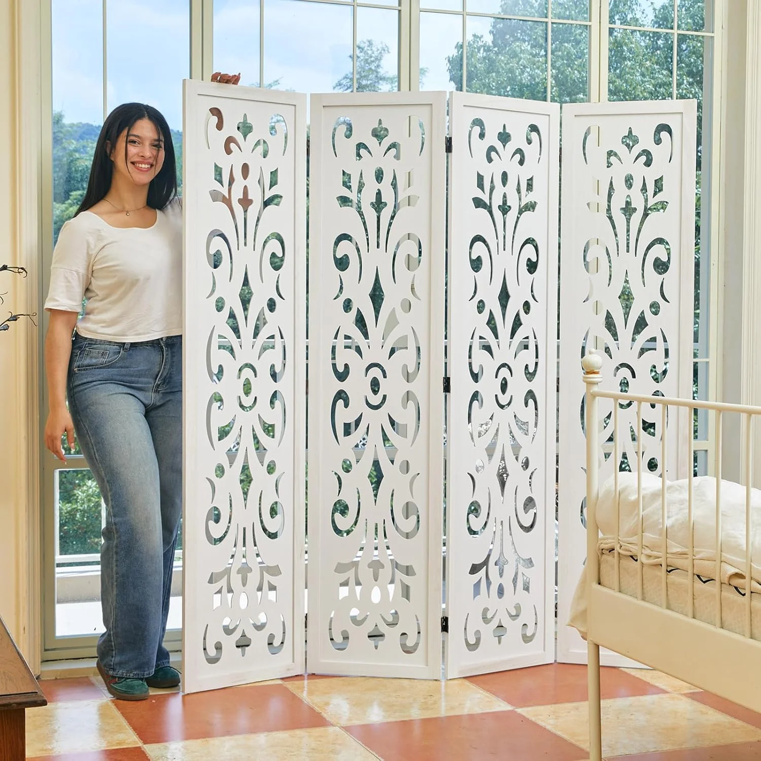 5.6Ft Room Divider Folding Wood Classical Carved Partition Screen for Home Office Garden 4 Panels (White)(4 Panels/White Exotic) - Image 7