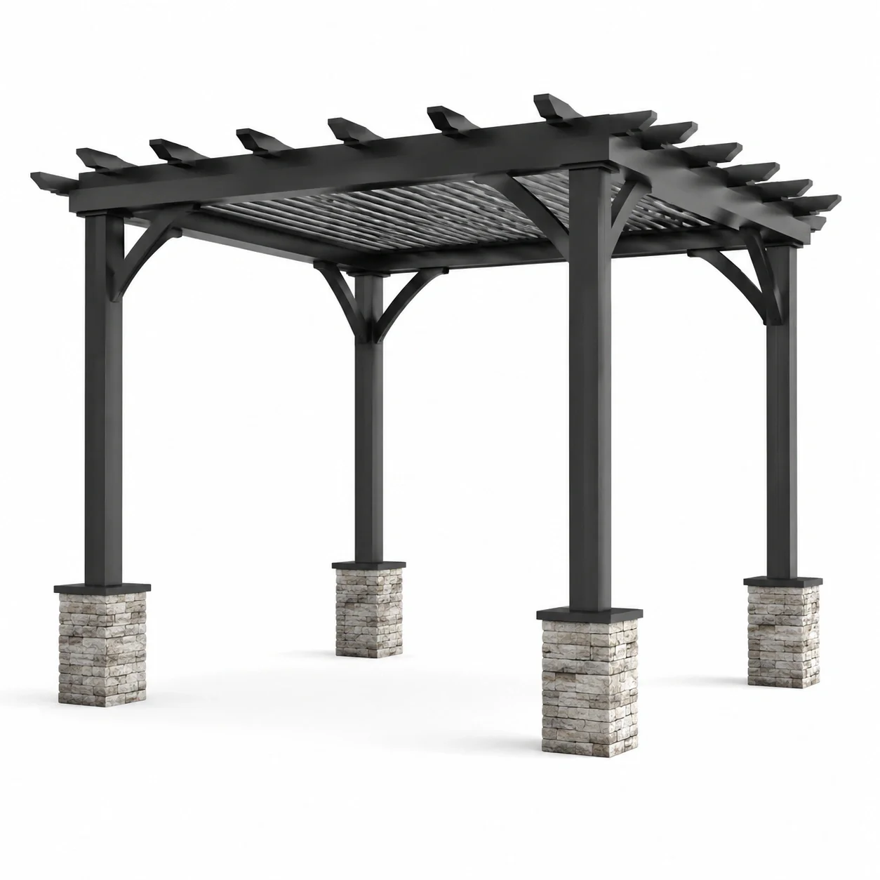 Pergola en aluminium noir avec piliers en pierre - 2026
