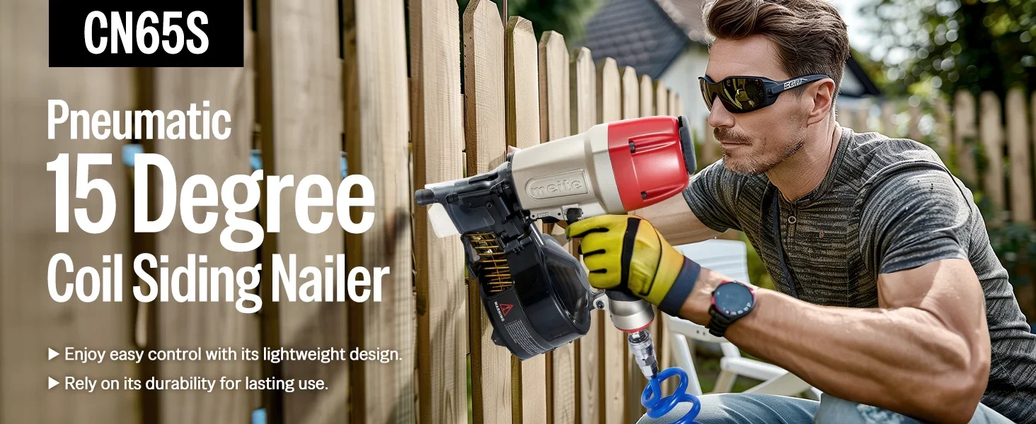 MEITE CN65S Pneumatic Coil Siding Nailer with Safety Nose, 15-16 Degrees 1-1/2 to 2-1/2Coil Nail Gun Lightweight
