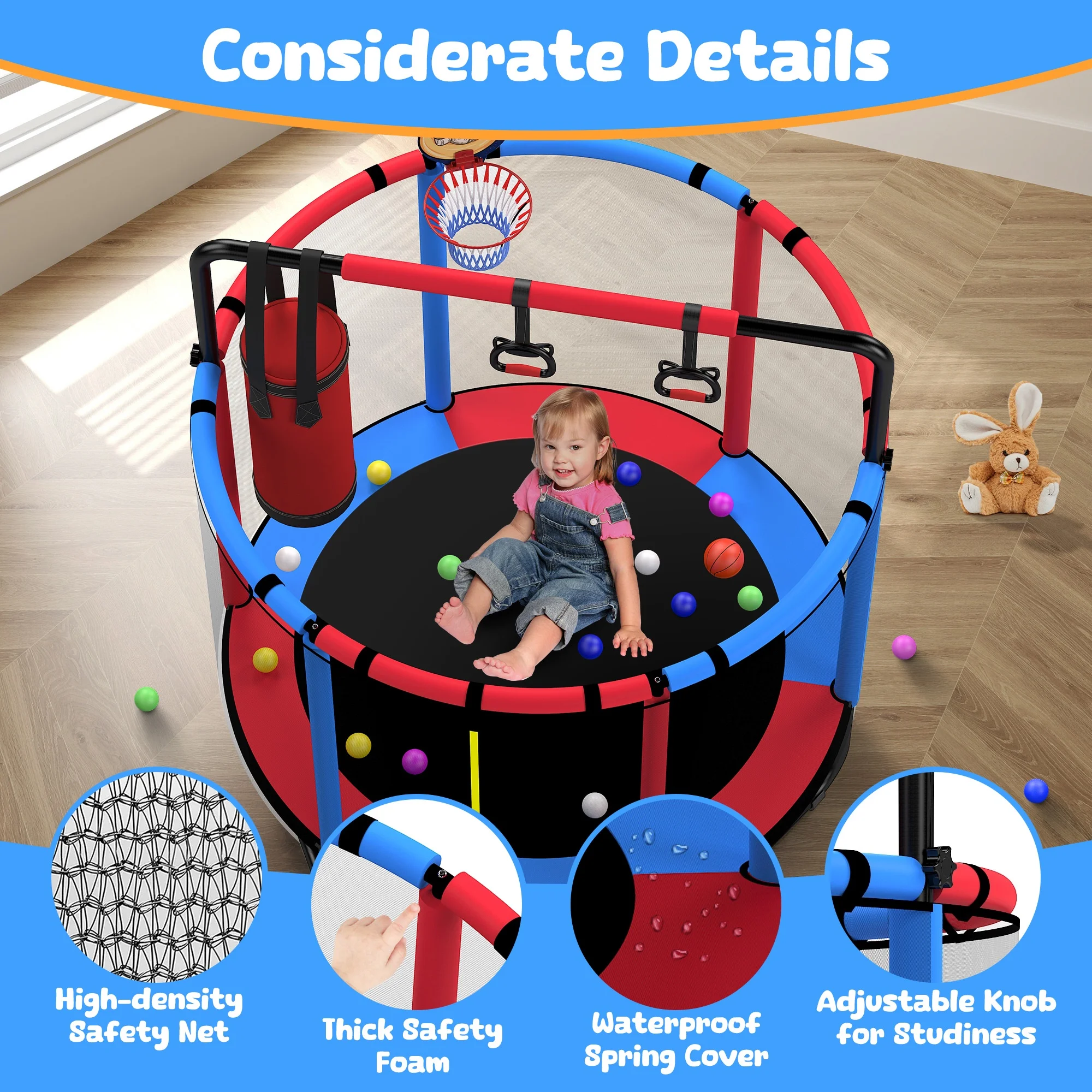 Mini Round Trampoline for Kids with Basketball Hoop, 55'' Indoor Outdoor Toddler Trampoline with Enclosure Net, Swing, Sandbag, Ring, Ocean Balls, Small Trampoline Gift for Boys Girls, Blue(Blue,Red) - Image 8