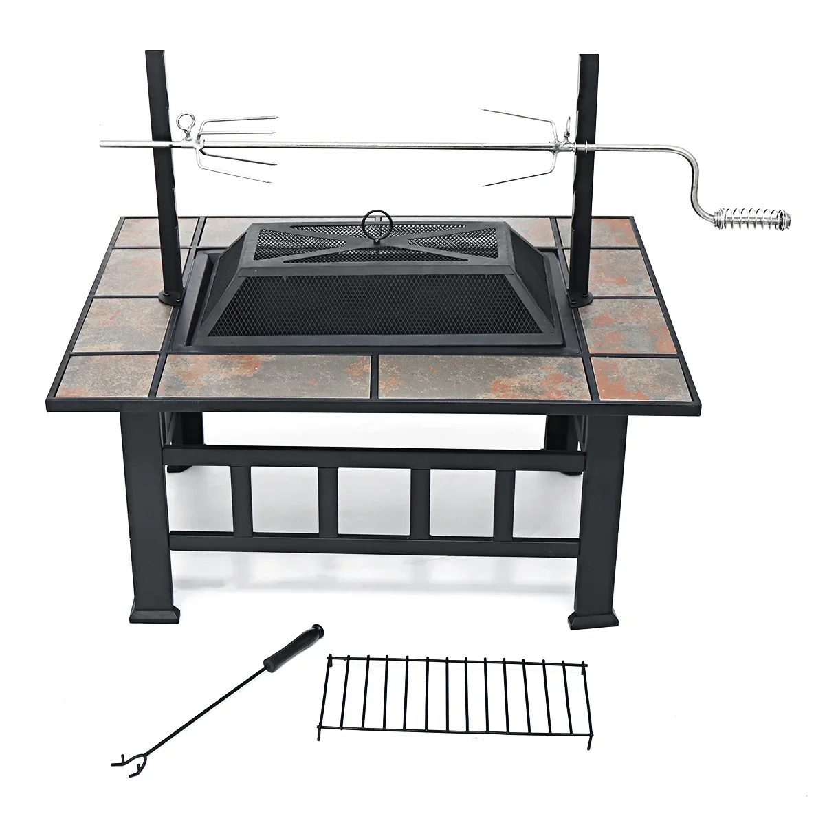 37inch Fire Pits Table for Outside with Grill Outdoor Metal Firepit Square Backyard Patio Garden Stove Wood Burning BBQ Fire Pit with Spark Screen, Log Grate, Wood Fire Poker