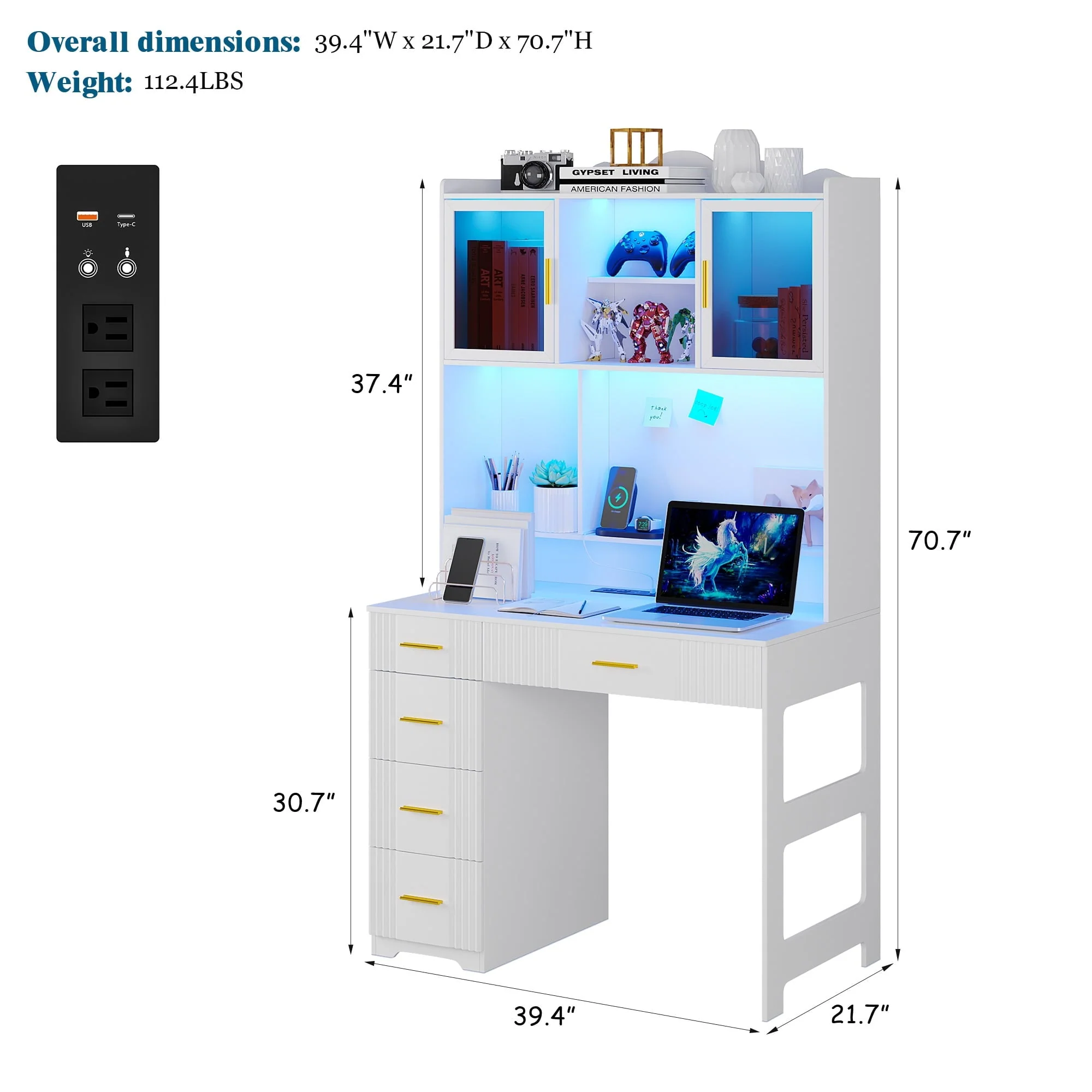 LED Study Desk with Hutch and Drawer, Home Office Desk with Outlet, Computer Desk with Charging Station, Writing Desk for Bedroom, Workstation for Small Space(White) Image 3