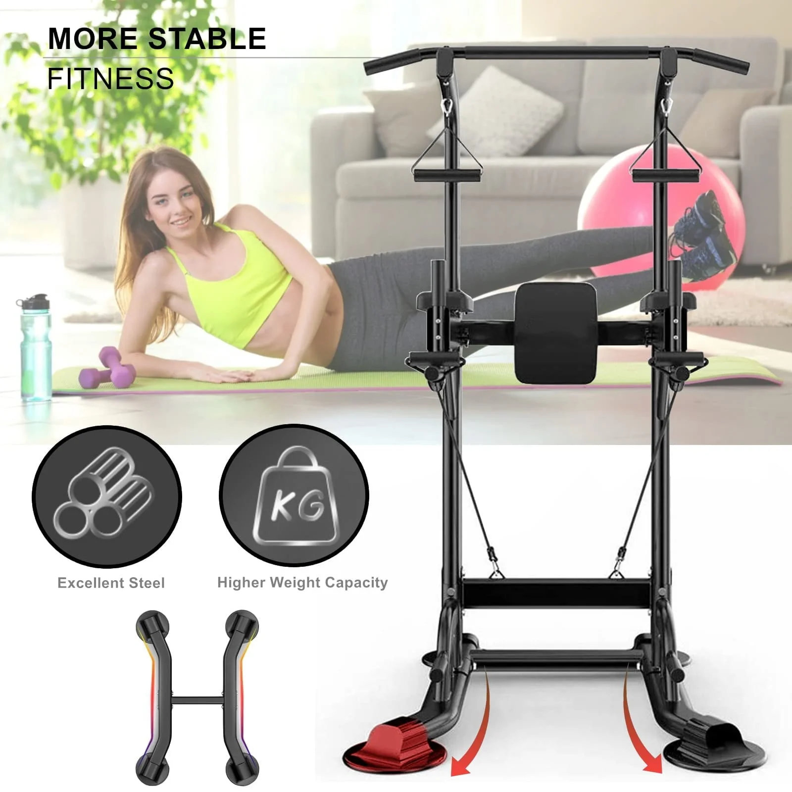 PROHIKER Power Tower Dip Station, Pull Up Bar Stand Power Rack with Backrest and Resistance Band, Height Adjustable Strength Training Equipment for Fitness Home Workout, Black Image 9