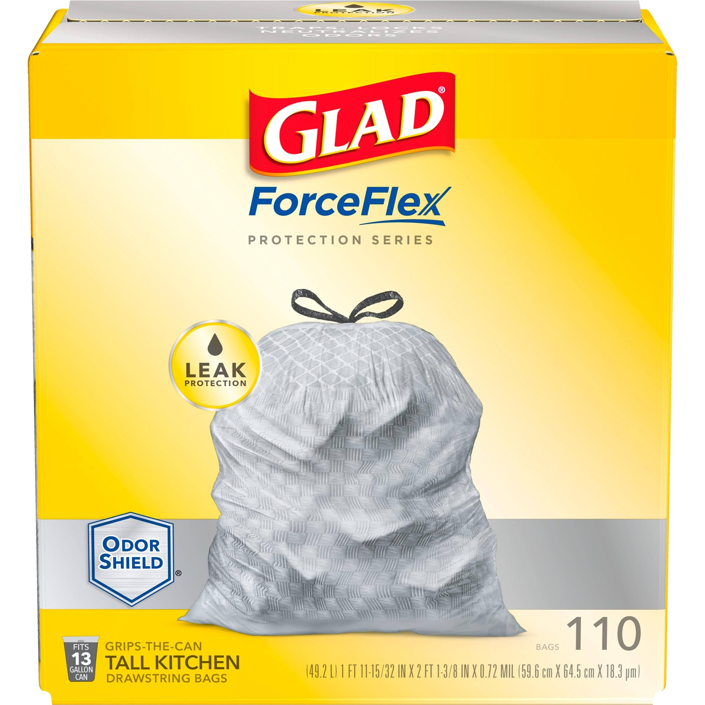 Glad ForceFlex Protection Series Tall Kitchen Drawstring Trash Bags, 13 gal, 110 ct, Pack May Vary