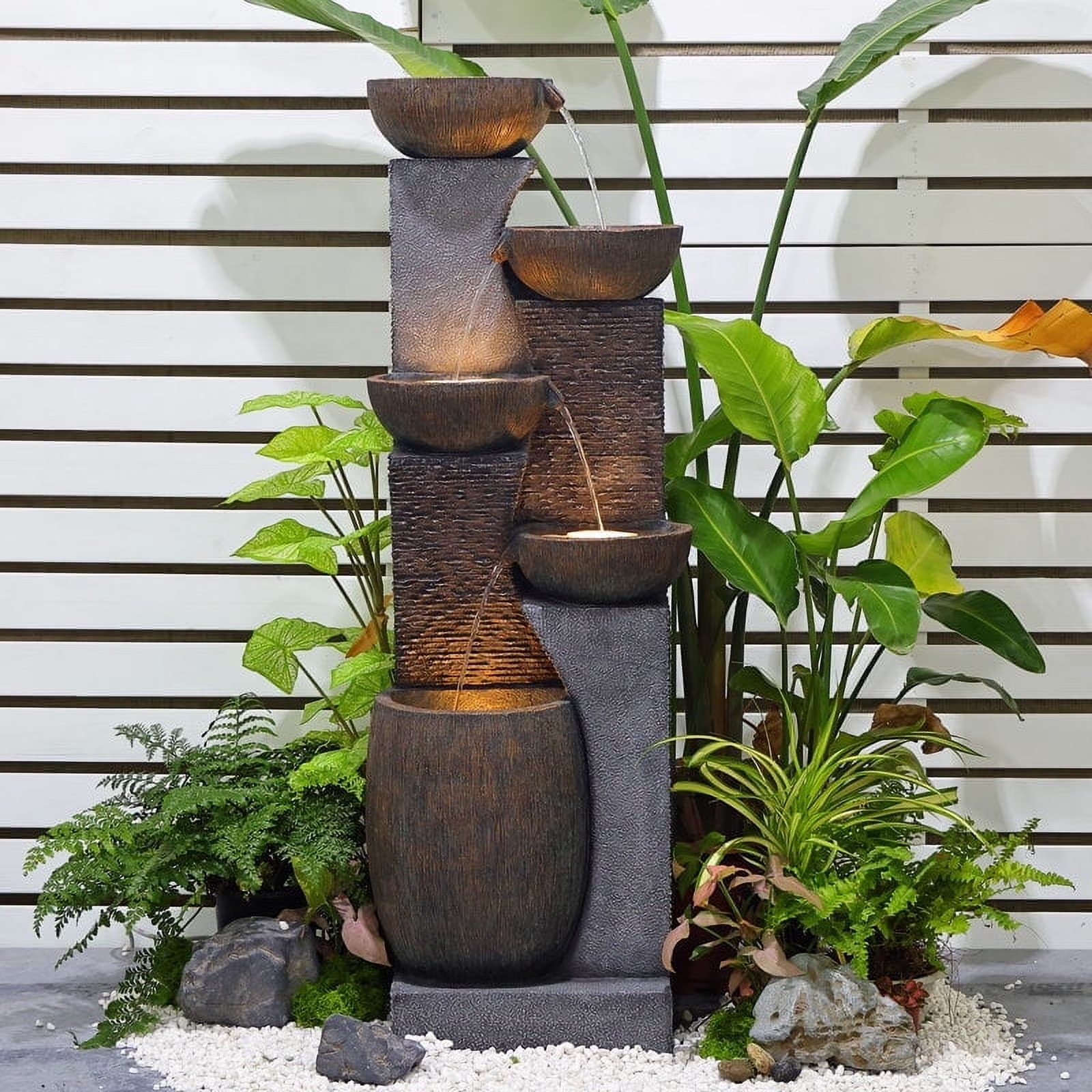 5 Tiers Modern Cascading Large Outdoor Fountain with Lights Water Fountain for Garden, Patio, Backyard, Deck, Porch and Home Art Decor