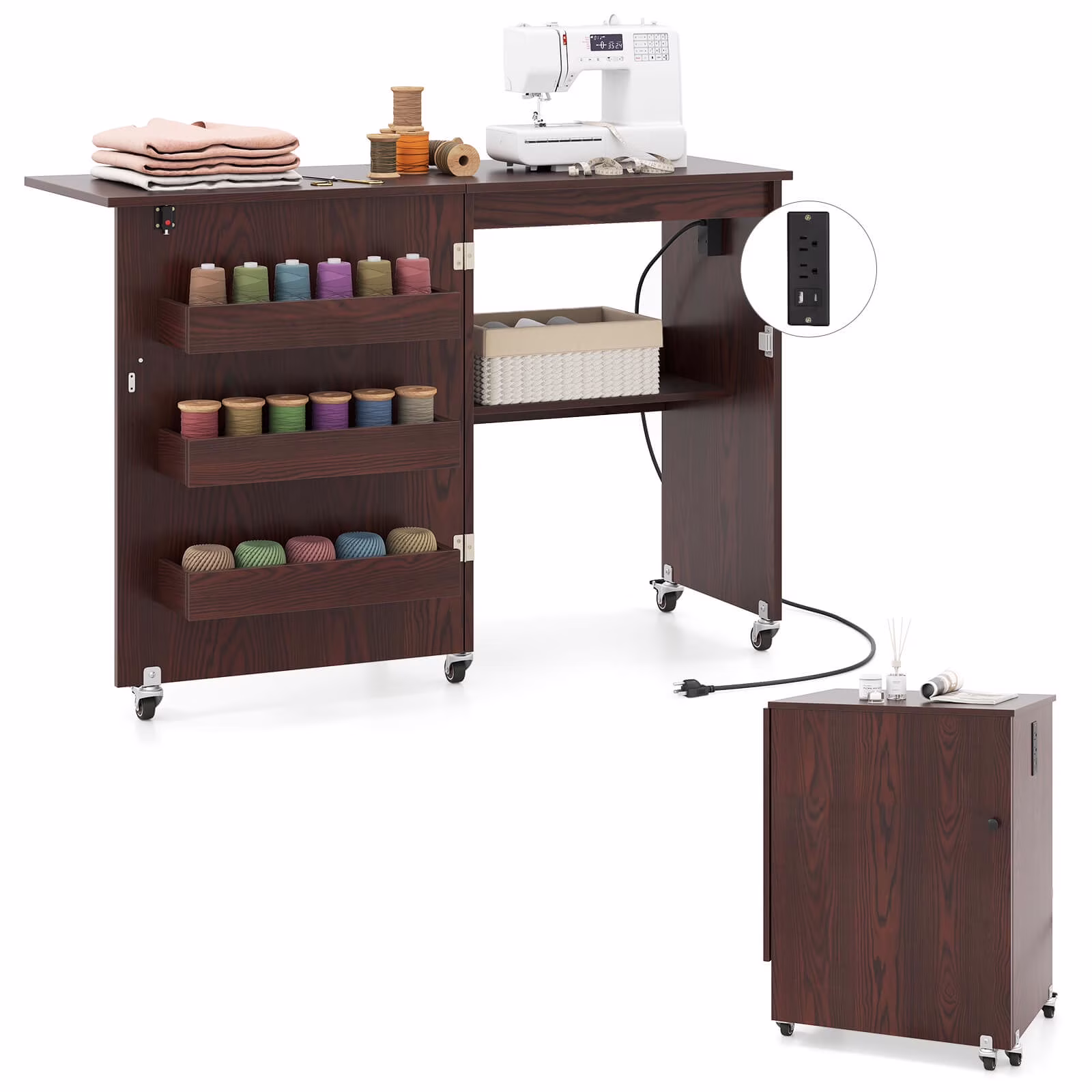 Folding Sewing Table Rolling Craft Station with 3 Storage Bins Charging Station White+natural(White+Natural) - Image 5