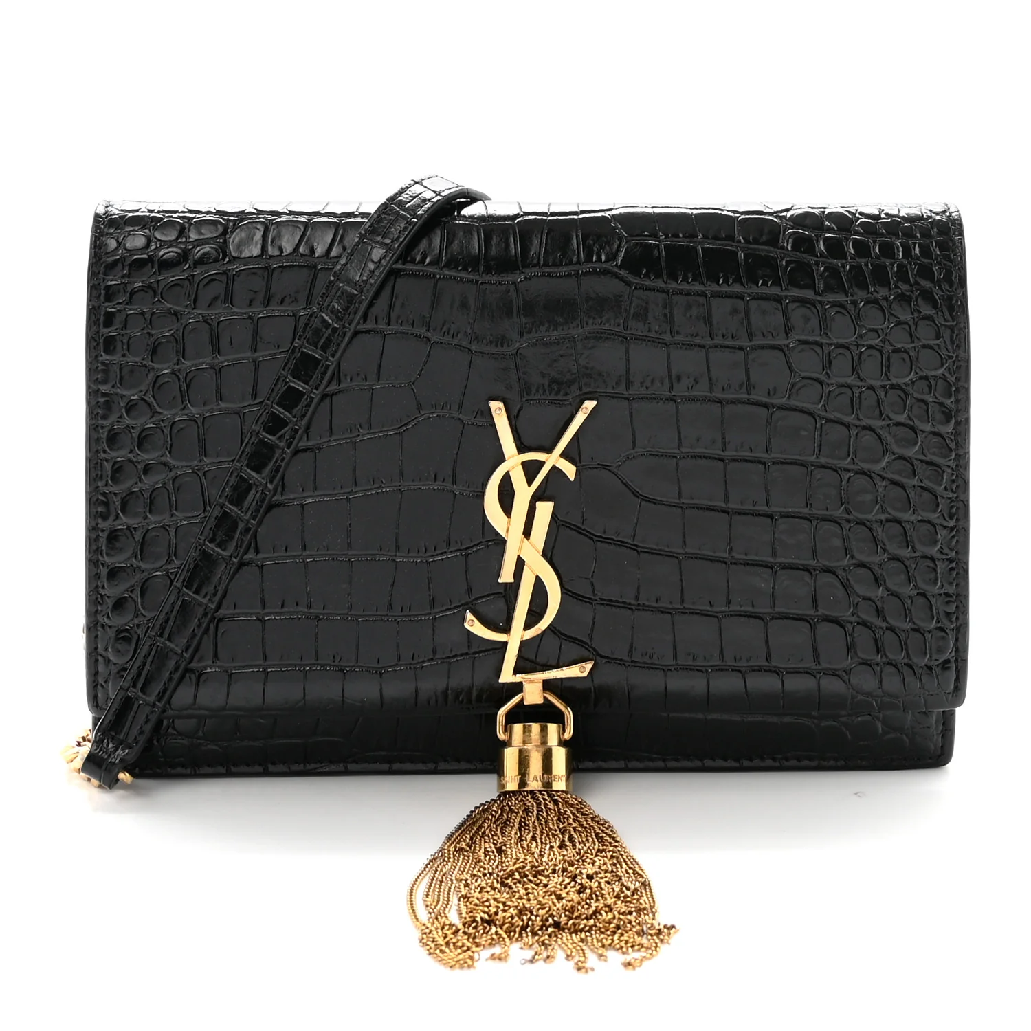 Calfskin Crocodile Embossed Kate Monogram Tassel Chain Wallet Black