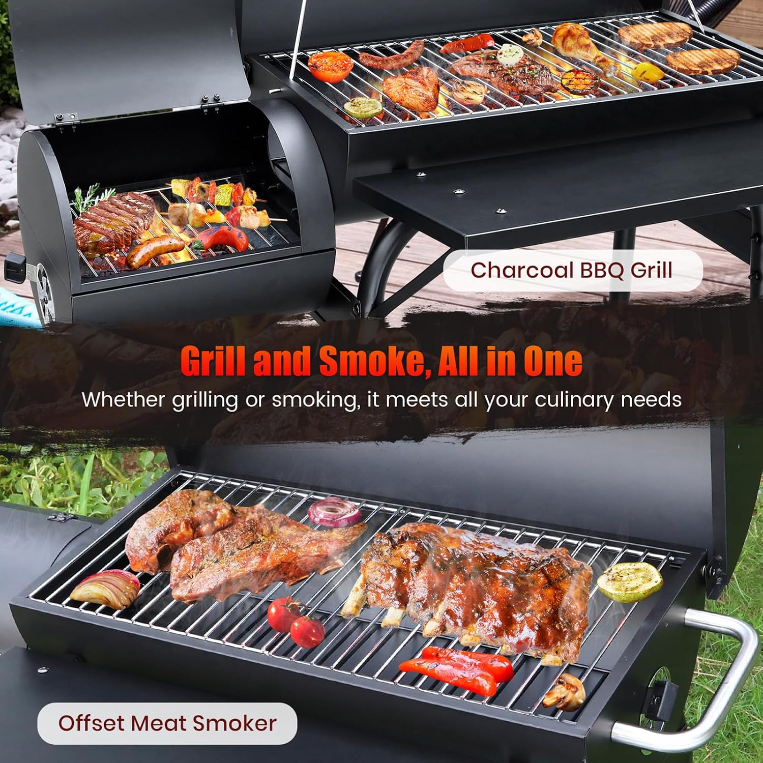 Realcook Charcoal Grills with Offset Smoker: Spacious Barrel Charcoal Grill