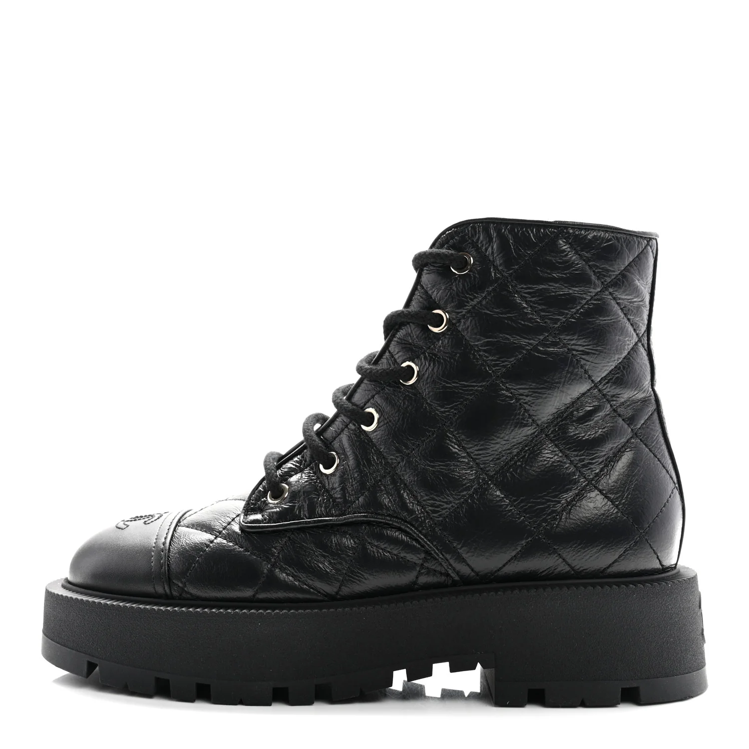 Crumpled Lambskin Quilted Platform Lace Up Combat Boots 39 Black