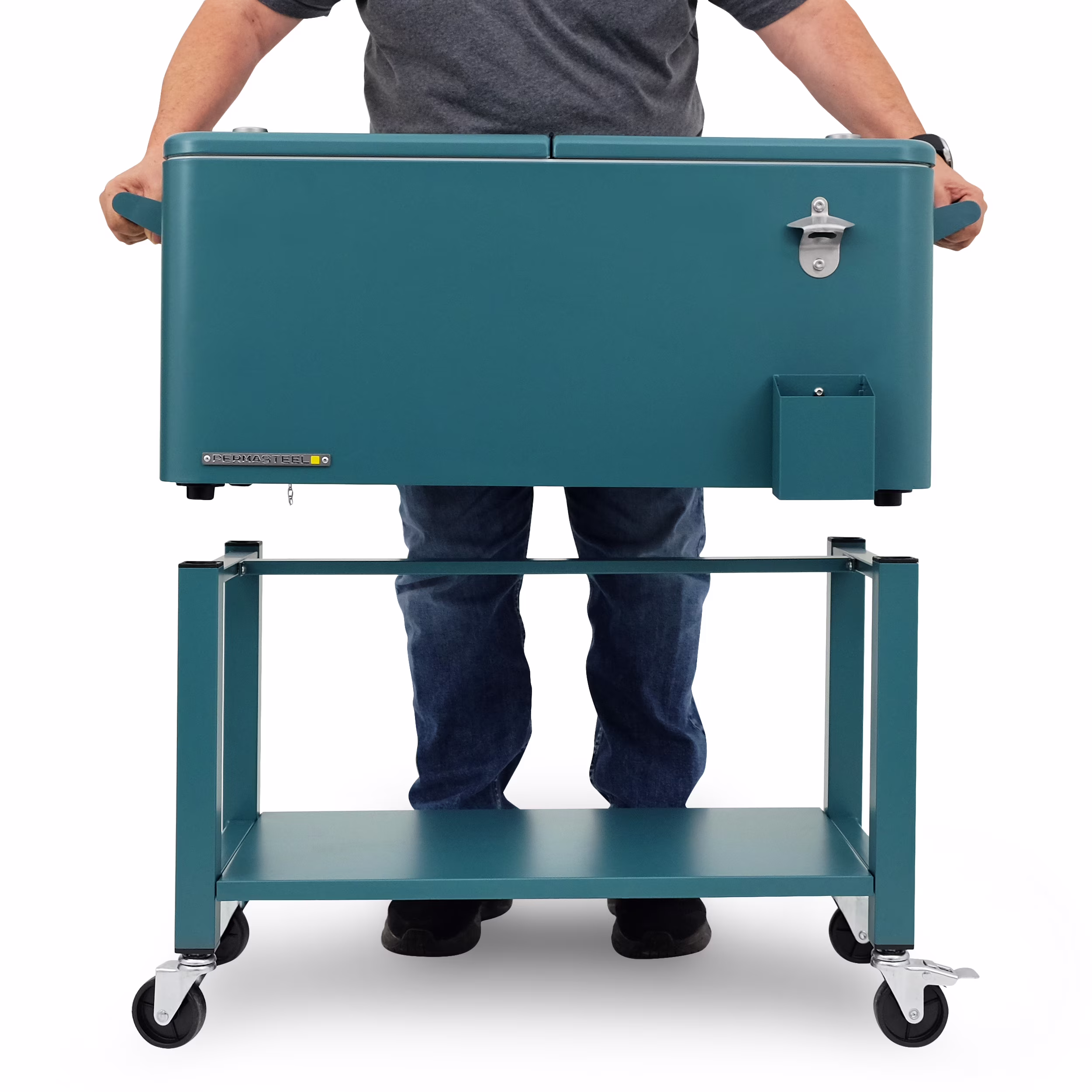 80-Qt Outdoor Steel Patio Cooler with Removable Basin, Rolling Cooler with Wheels, Teal Green(Teal Green)