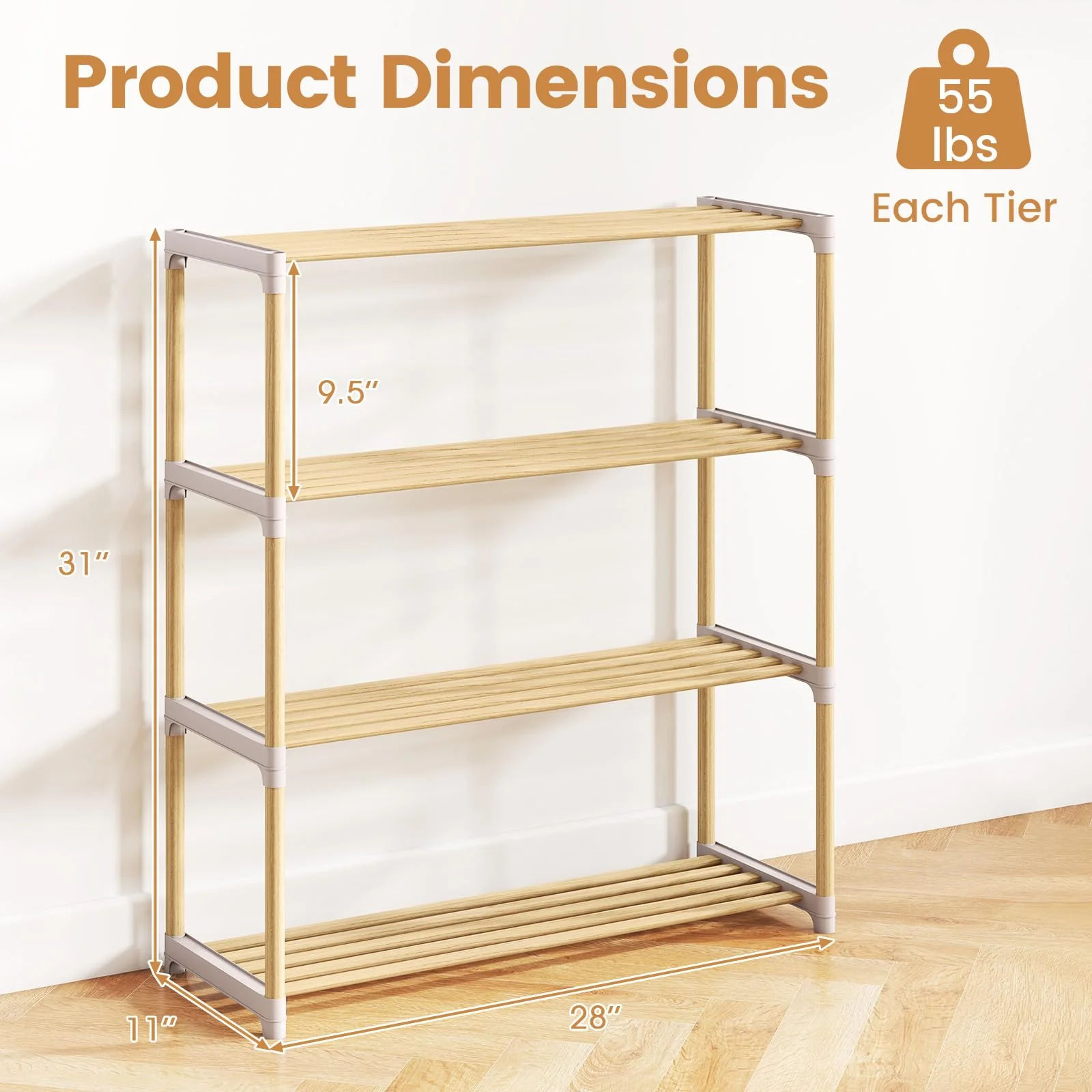 Tangkula 4-Tier Solid Wood Shoe Rack