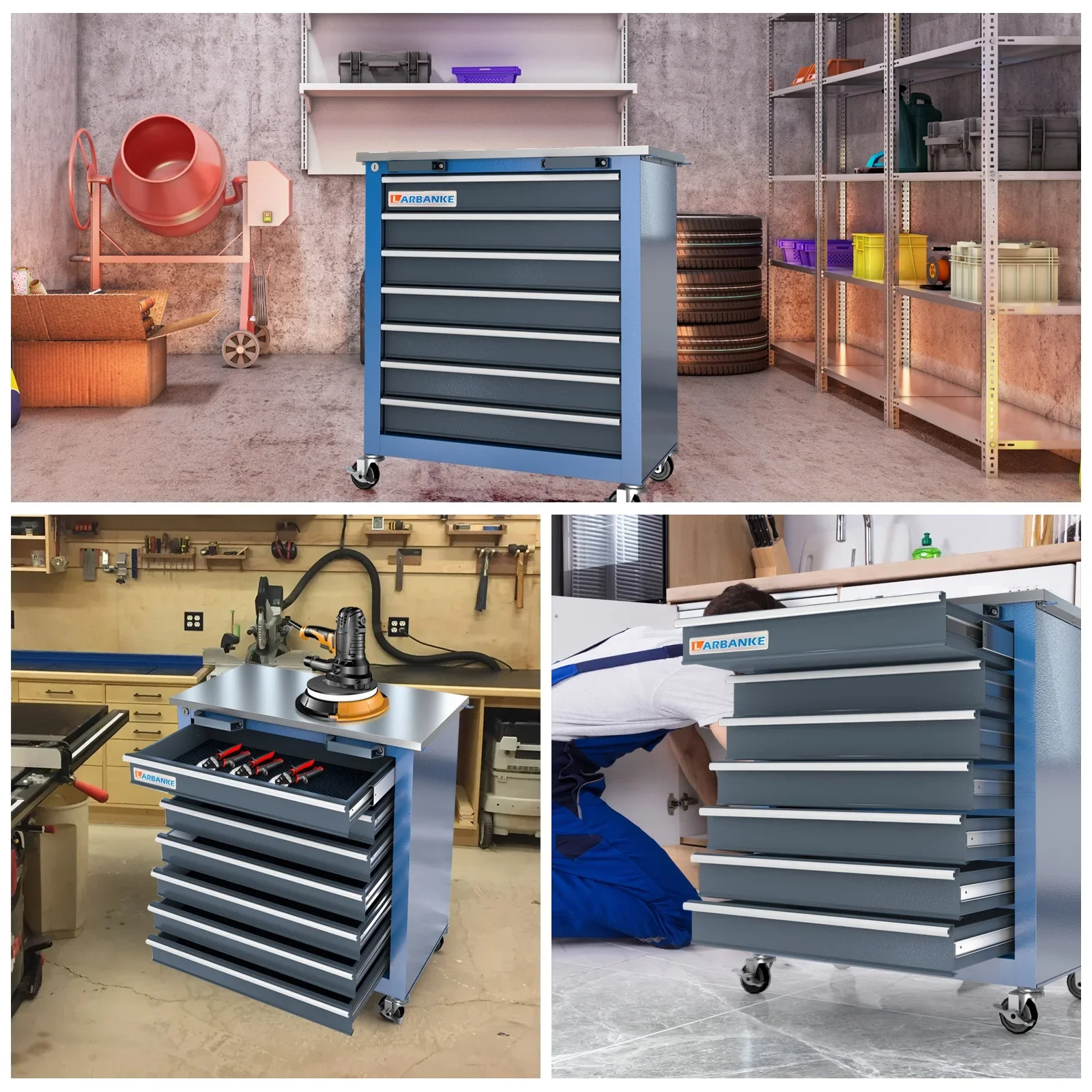 LARBANKE 5 Drawer Rolling Tool Chest, Metal Tool Cabinet with Wheels, Drawers with Padding, Can Be Combined