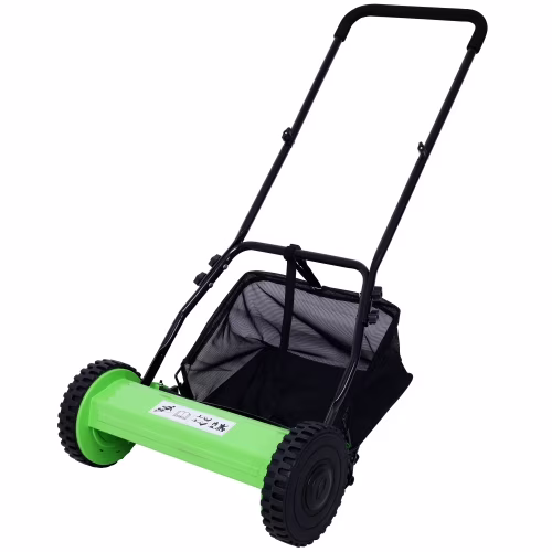 14-Inch Push Reel Lawn Mower, 5-Blade with Grass Catcher, Adjustable Height, Manual, Green