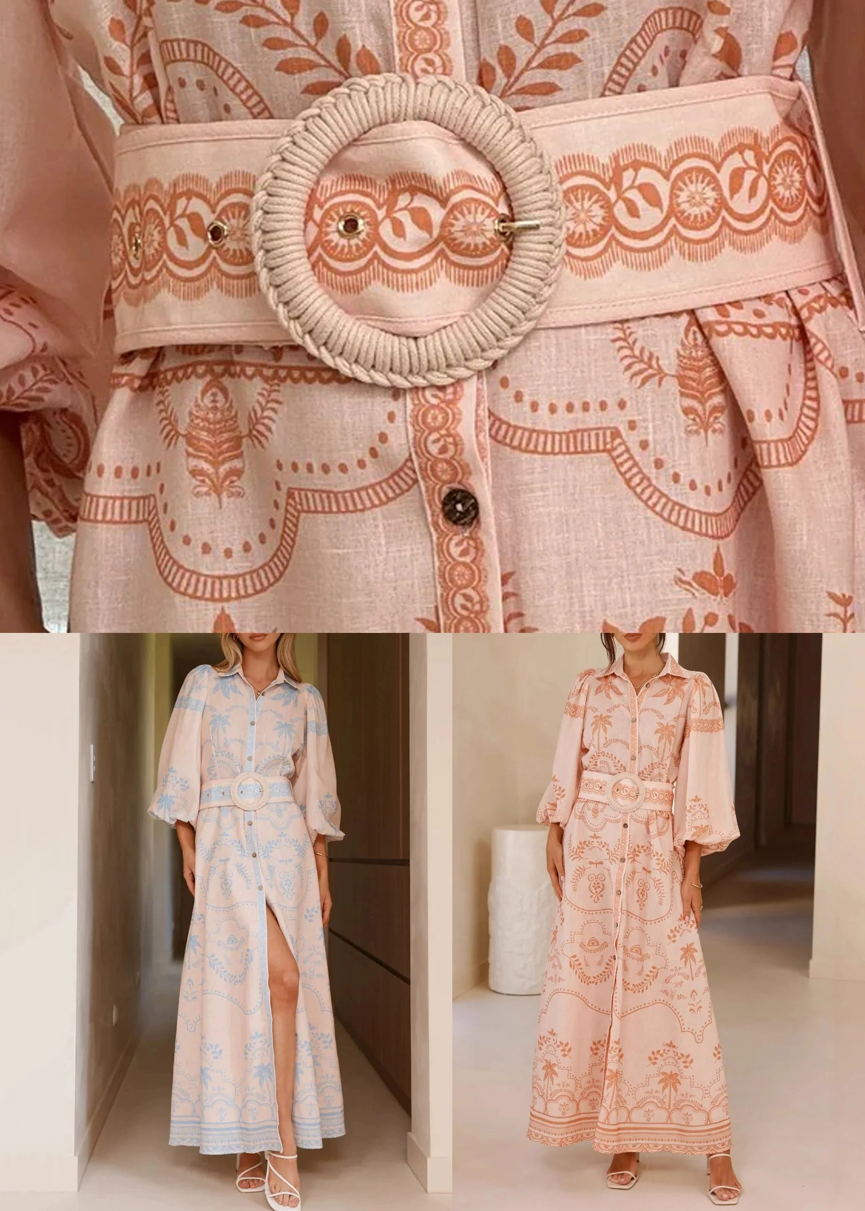 Sophie Paris I Robe chemise en lin imprimé rose avec manches ballon et ceinture à nouer
