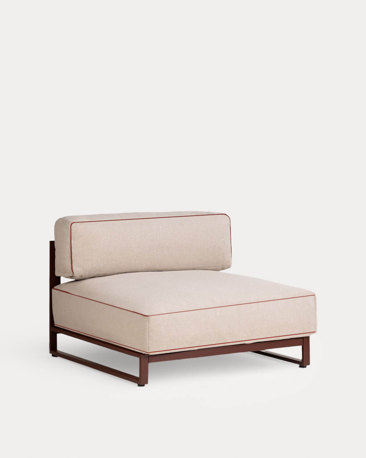 Kristen - Conjunto de Jardín con Módulo Esquinero, Módulo Central, Módulo Puff, Sillón y Mesa de Centro de Metal y Tela Kristen