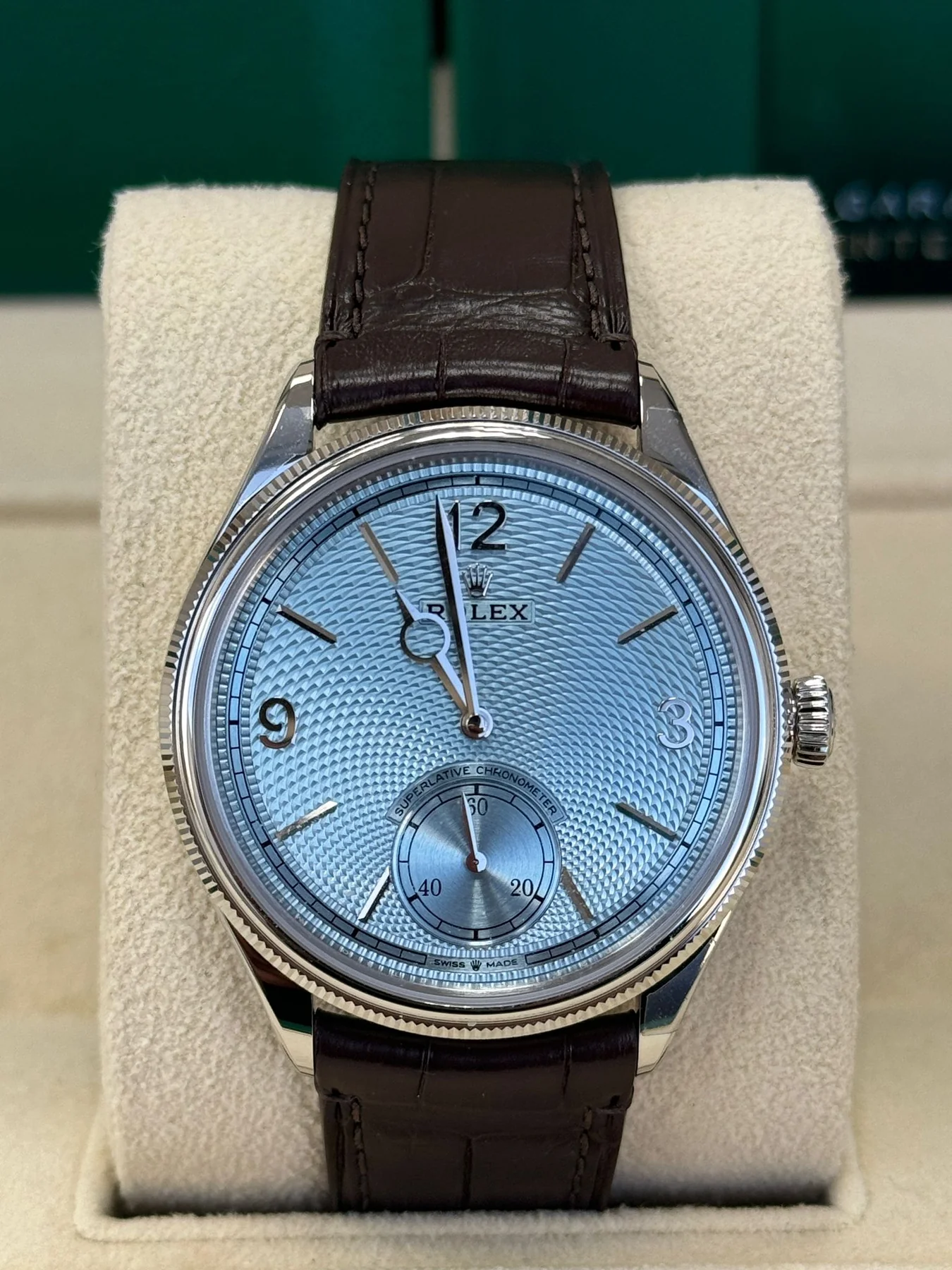 [Super Clone]Rolex 1908 Platinum Ice Blue Dial Brown Alligator Strap - 52506-0002