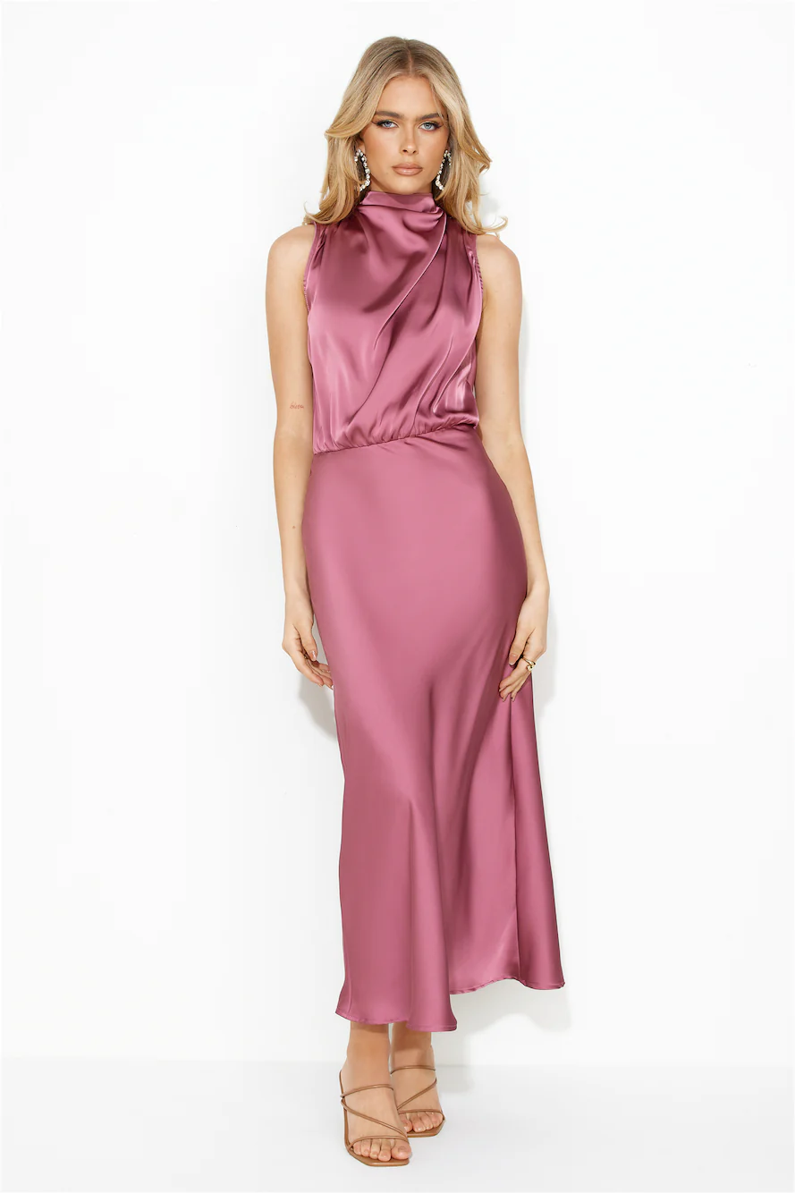 Confidence High Satin Midi Dress Rose