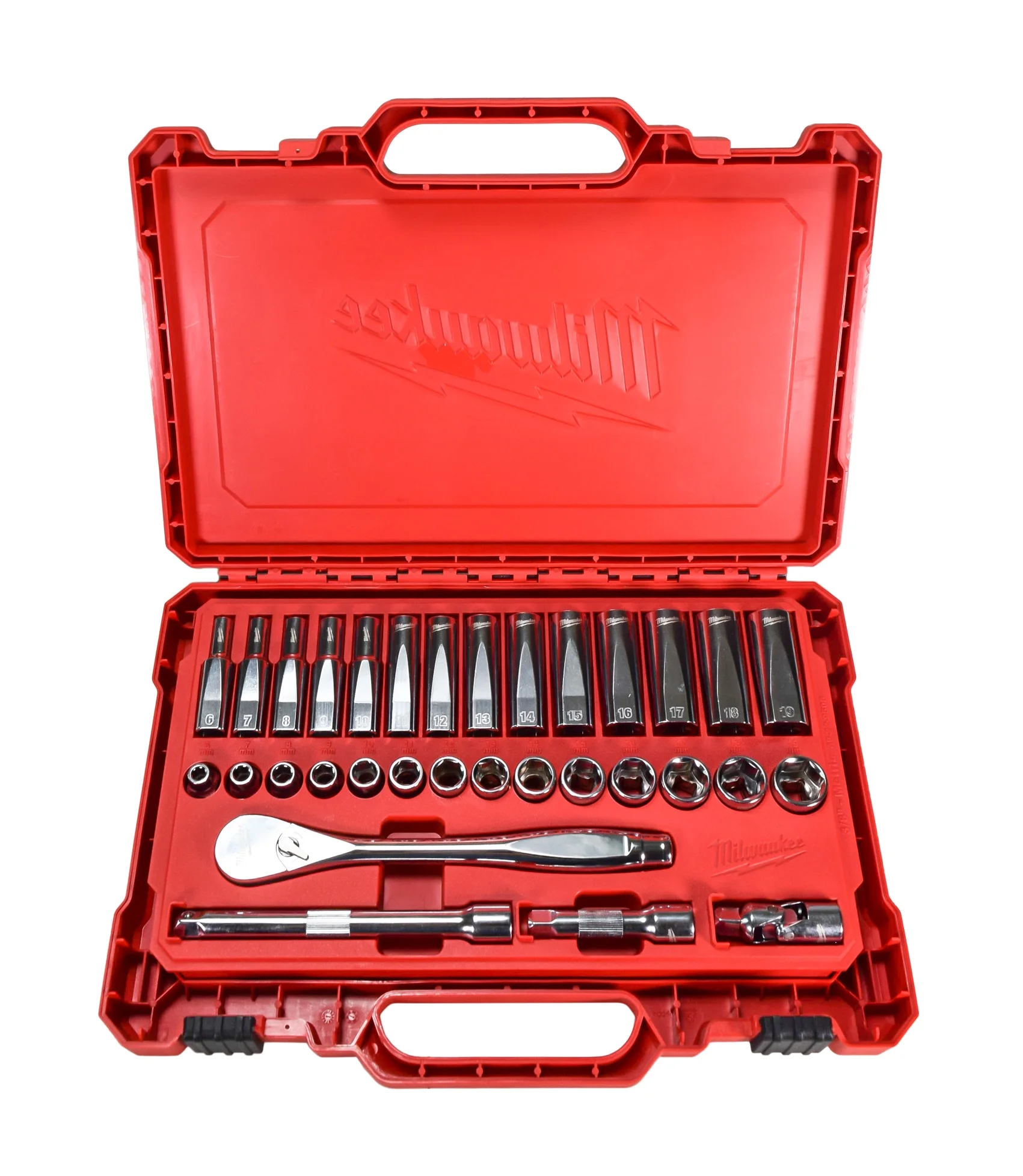 MILWAUKEE 32 - Piece Metric 3/8 In. Drive Ratchet & Socket Set - Slim Profile, 90 - Tooth, Deep & Standard Sockets (48 - 22 - 9508)