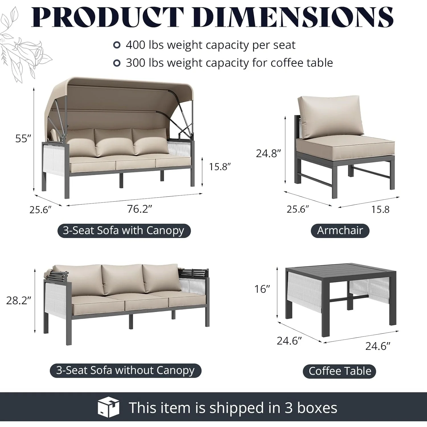 AECOJOY 4 Pieces Patio Furniture Set with Retractable Canopy &Coffee Table, Beige
