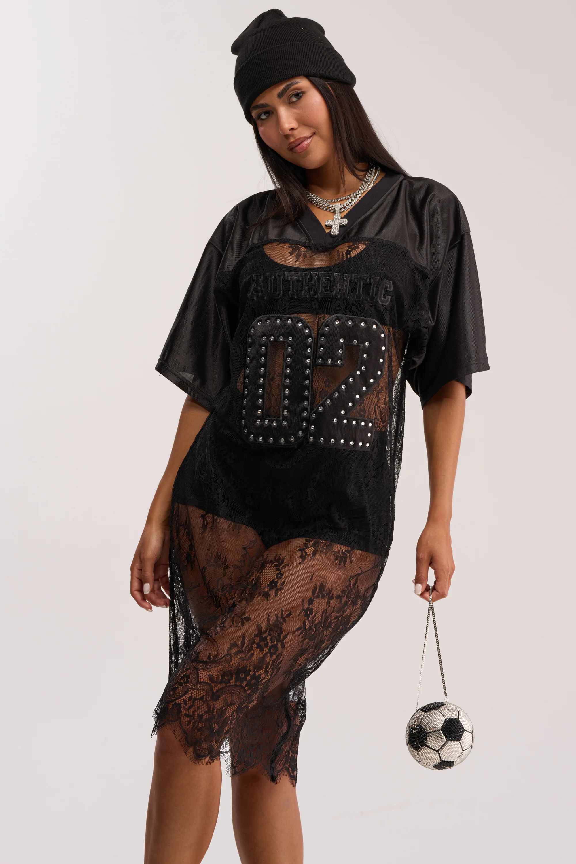 PART TIME PLAYER LACE JERSEY MIDI DRESS IN BLACK - Akira Store
