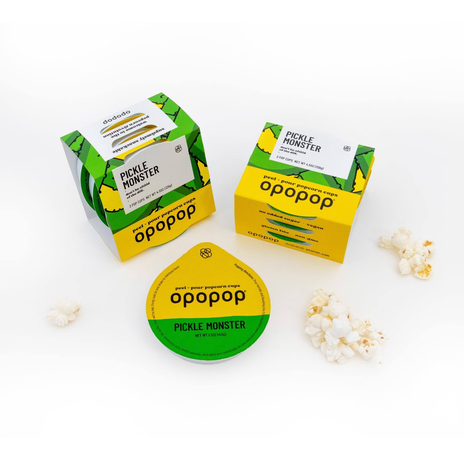 Opopop Microwave Popcorn - Pop Cups Pickle Monster 6-Pack, Non-GMO Gourmet Popcorn Kernels & Popcorn Flavoring, Gluten Free Snacks, Easy to Make and