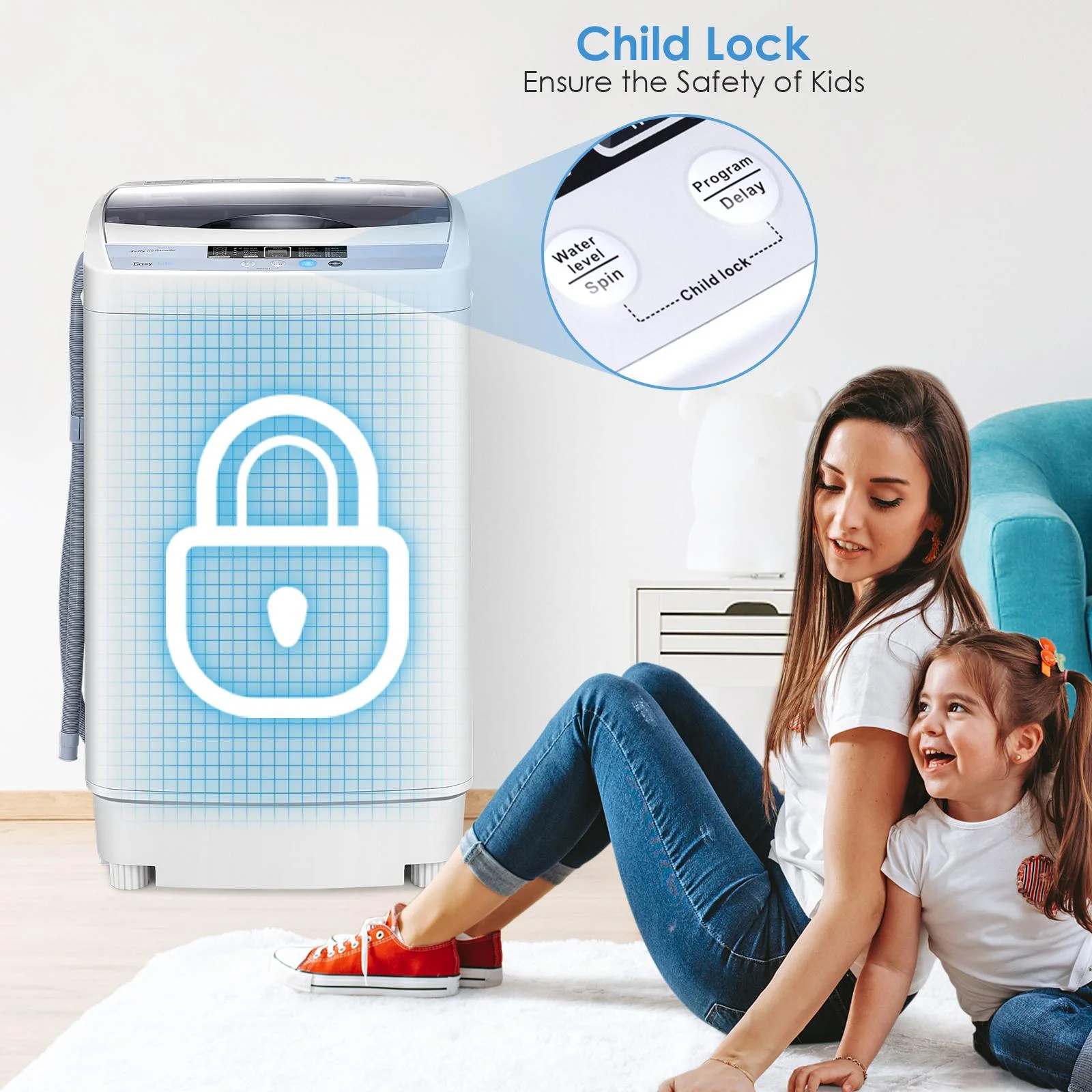 Full-Automatic Washing Machine, 1.34 Cu.ft Compact Washer w/10 Programs, 8 Water Levels LED Panel, 9.92 Lbs Capacity Portable Cloth Washer and Spinner w/Drain Pump - Image 8