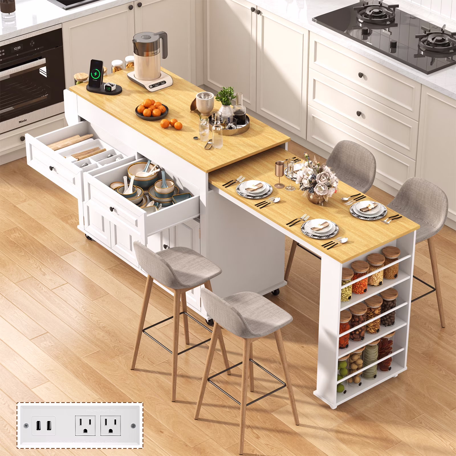 Large Kitchen Island with Extendable Dining Table and Power Outlet, Rolling Kitchen Island Cart on Wheels with 2 Storage Cabinets 2 Drawers 3 Spice Racks, Island Table for Kitchen(Black) - Image 3