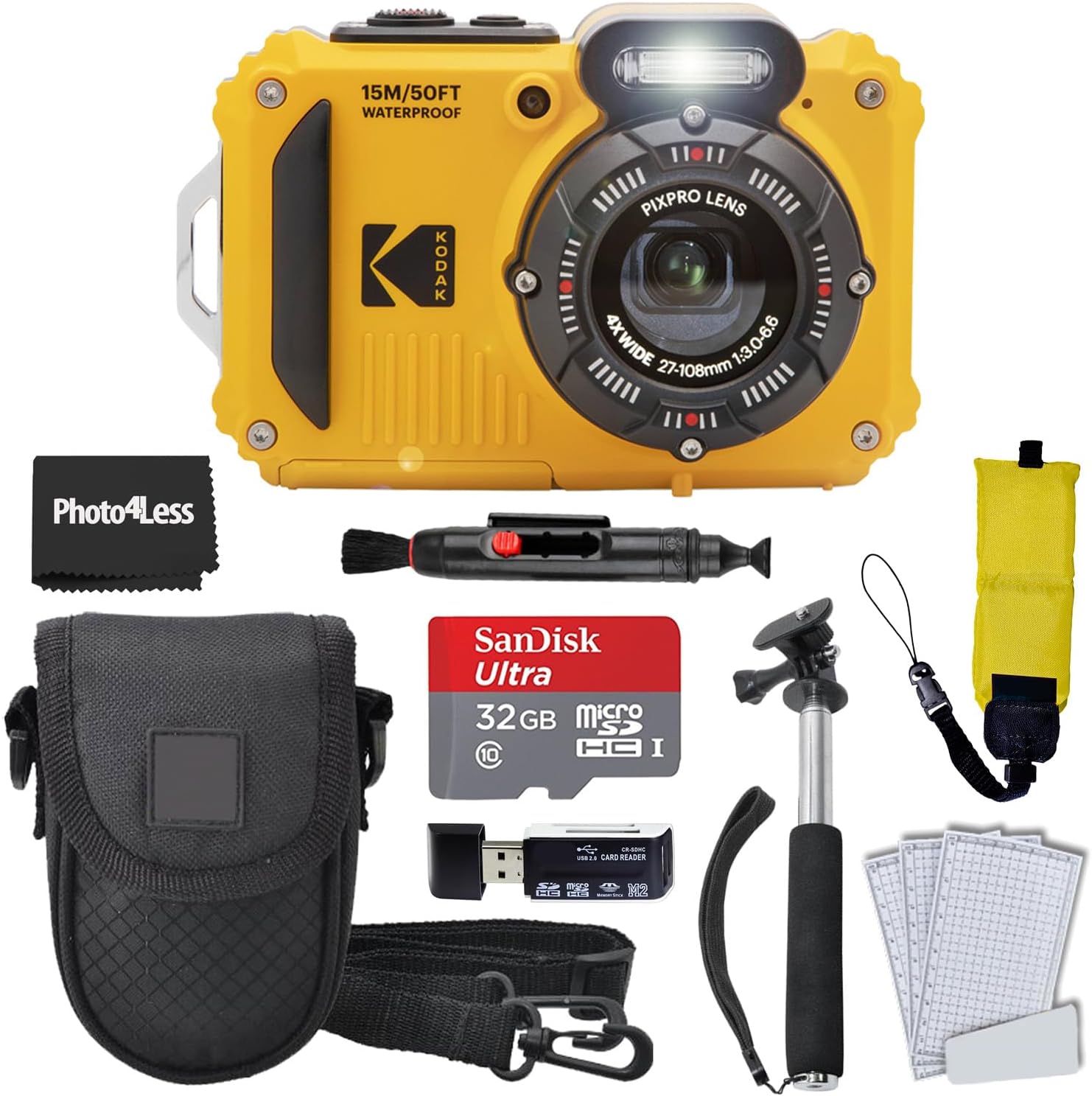 Kodak PIXPRO WPZ2 Rugged Waterproof Shockproof Digital Camera 16MP 4X Optical Zoom 1080P Full HD Video  2.7 LCD (Yellow)  32GB SD Card  Black Compact Case  Floating Strap  Bundle (7 Items)