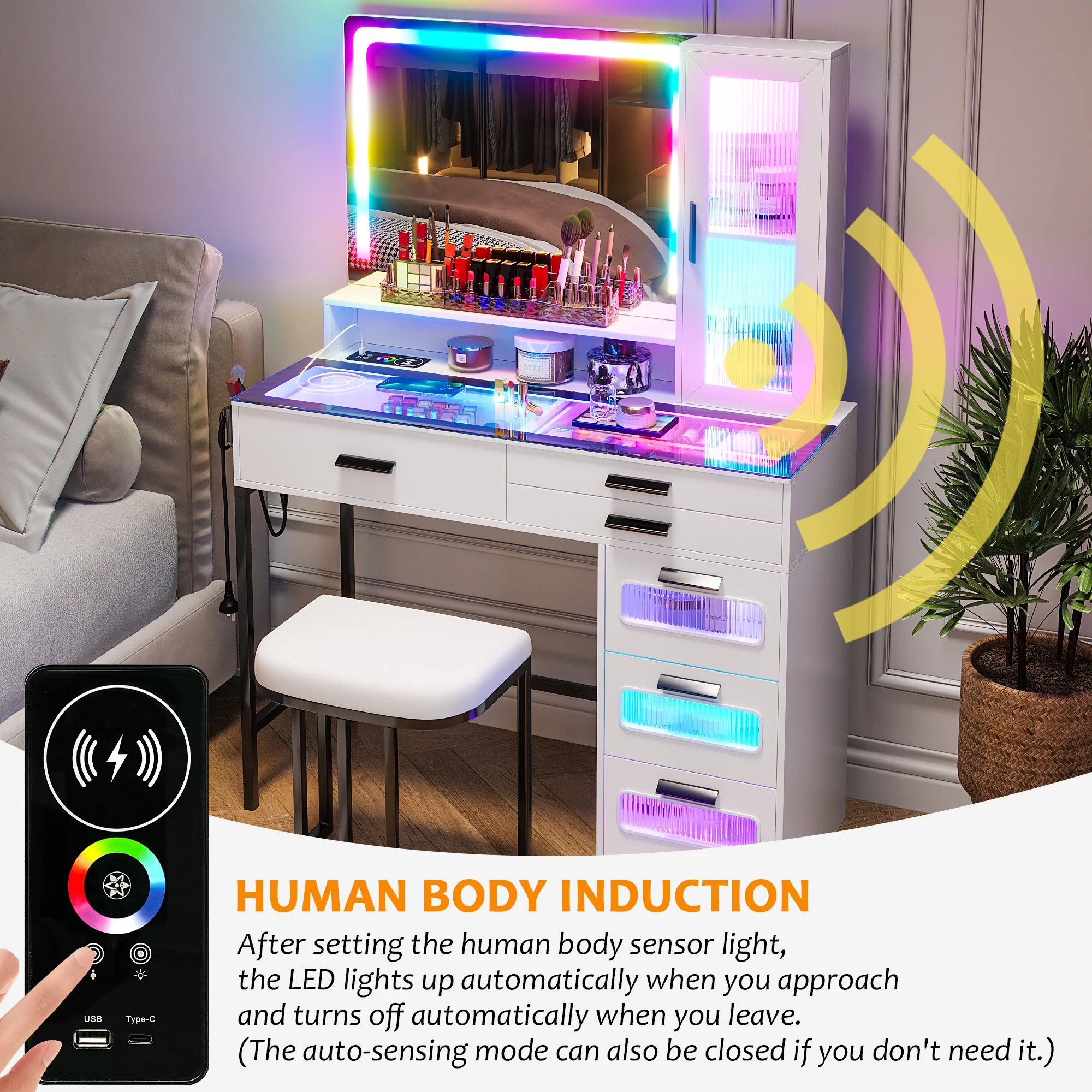Vanity Desk with Mirror and RGB Lights, Glass Top Makeup Vanity with Auto Sensor Lights and Wireless Charging, Vanity Table Set with Cushion Stool, Dressing Table with 6 Drawers (White)(White) - Image 7